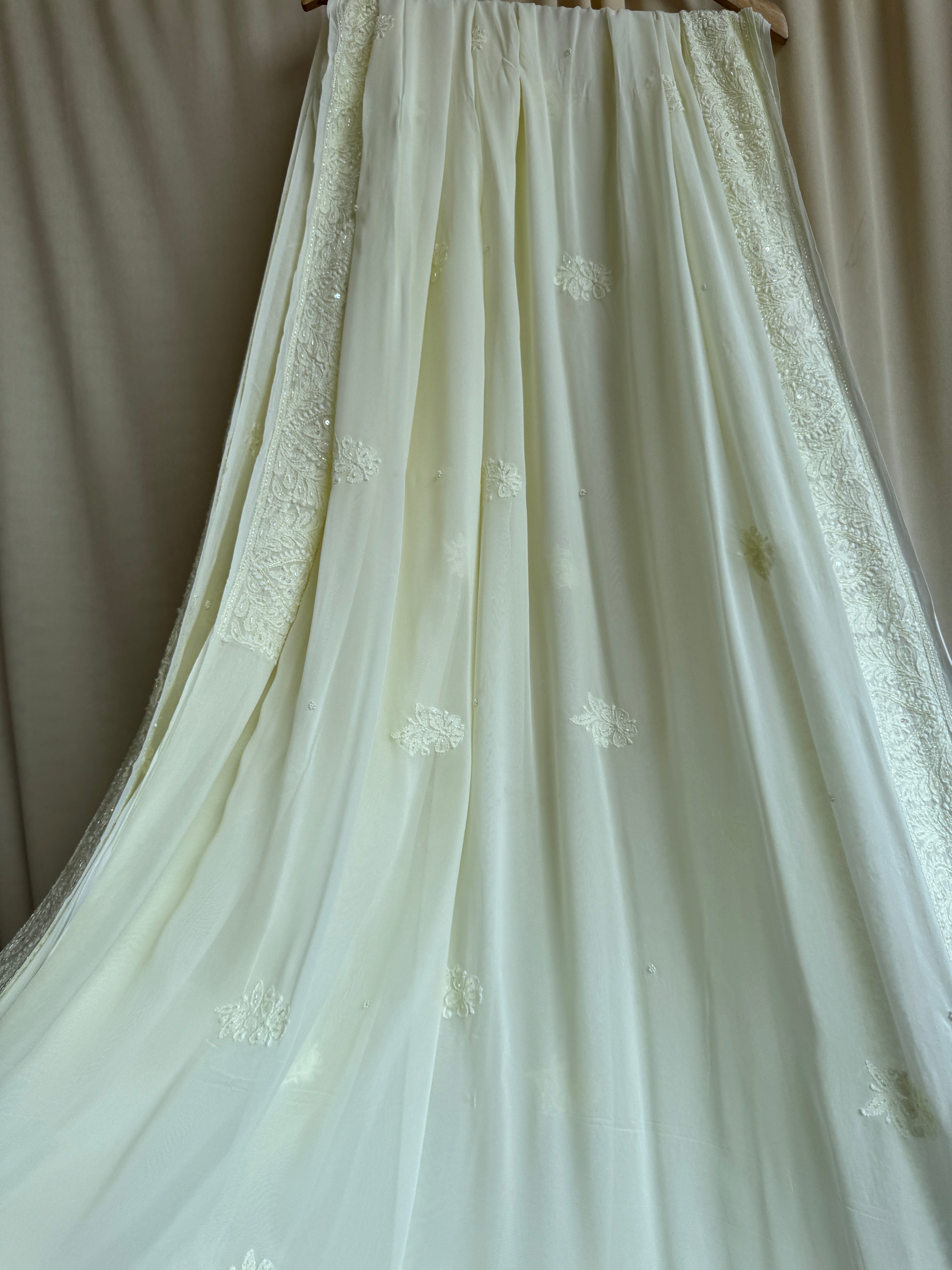 Viscose Cream Yellow Chikankari saree with Pearl embellishments