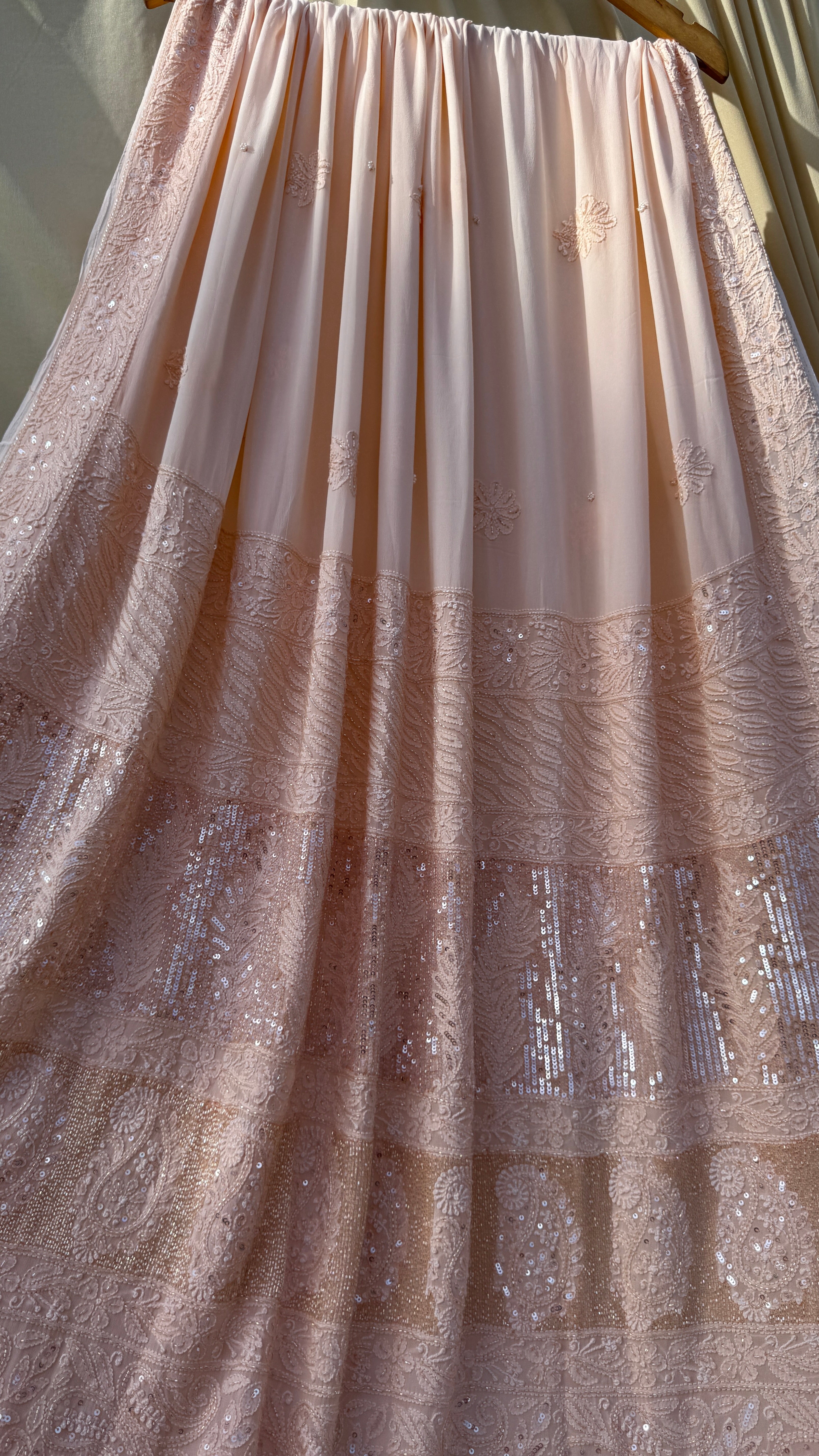 Viscose Peach Chikankari saree with Pearl embellishments