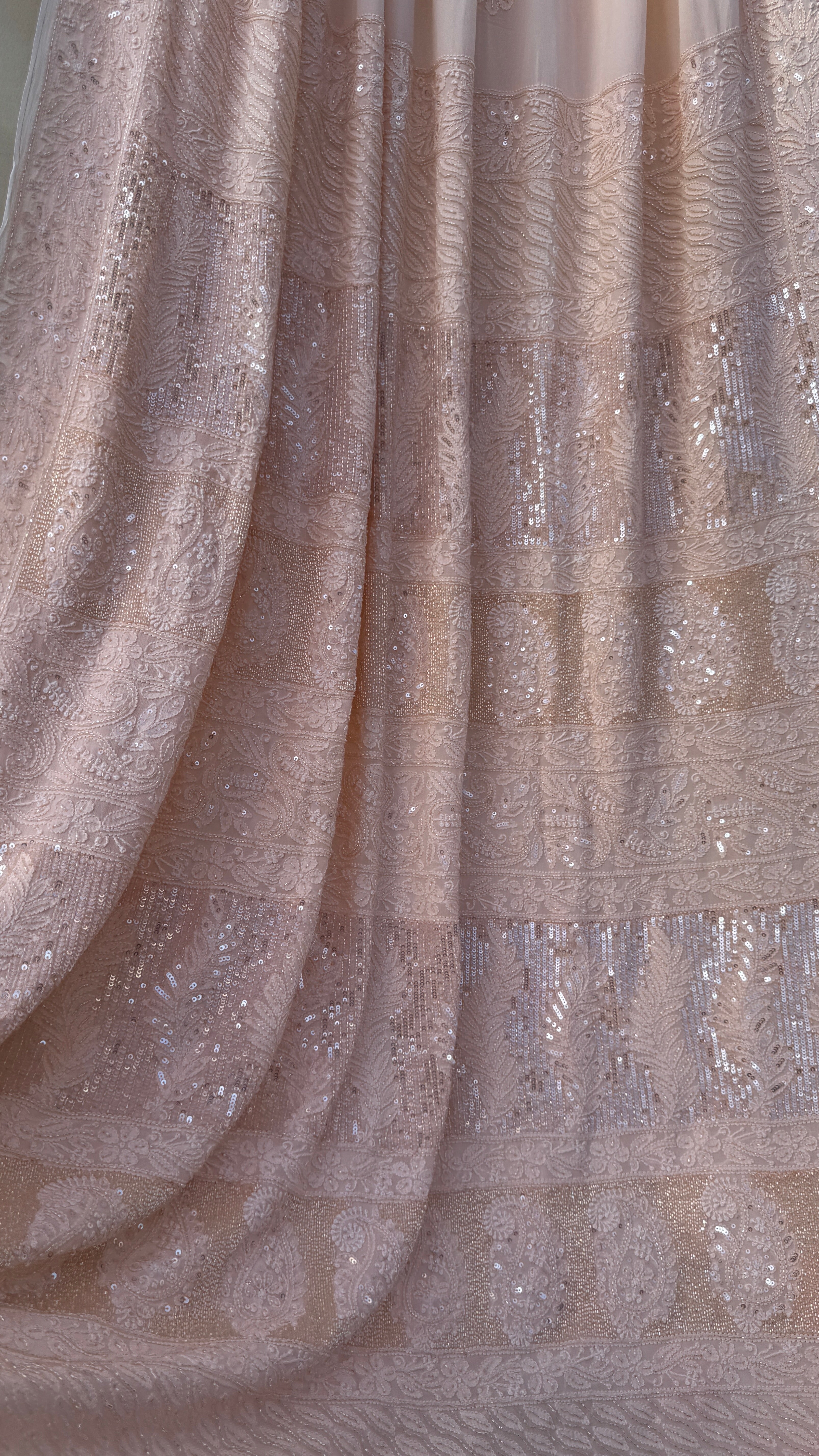 Viscose Peach Chikankari saree with Pearl embellishments