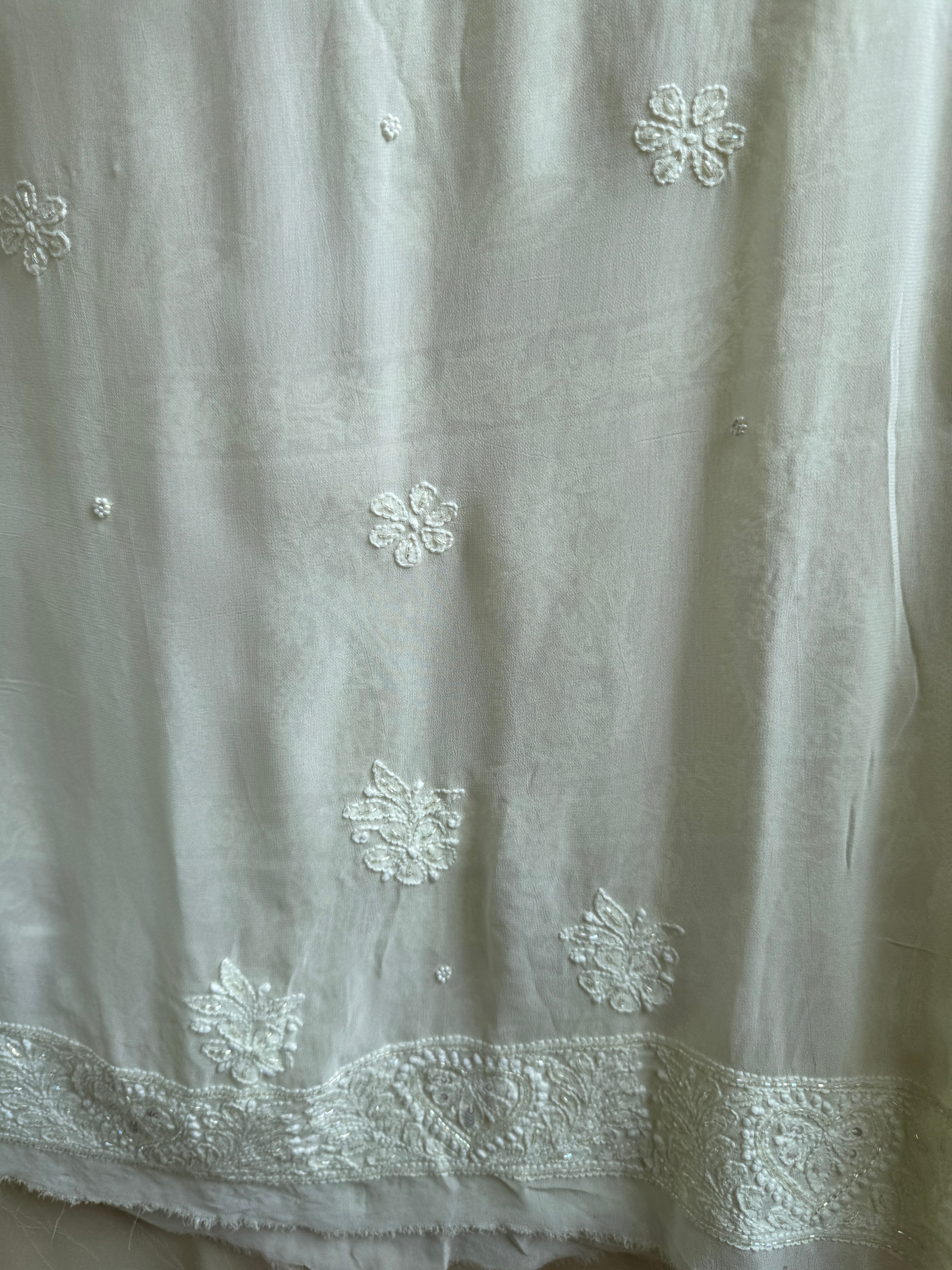 Viscose Cream Yellow Chikankari saree with Pearl embellishments