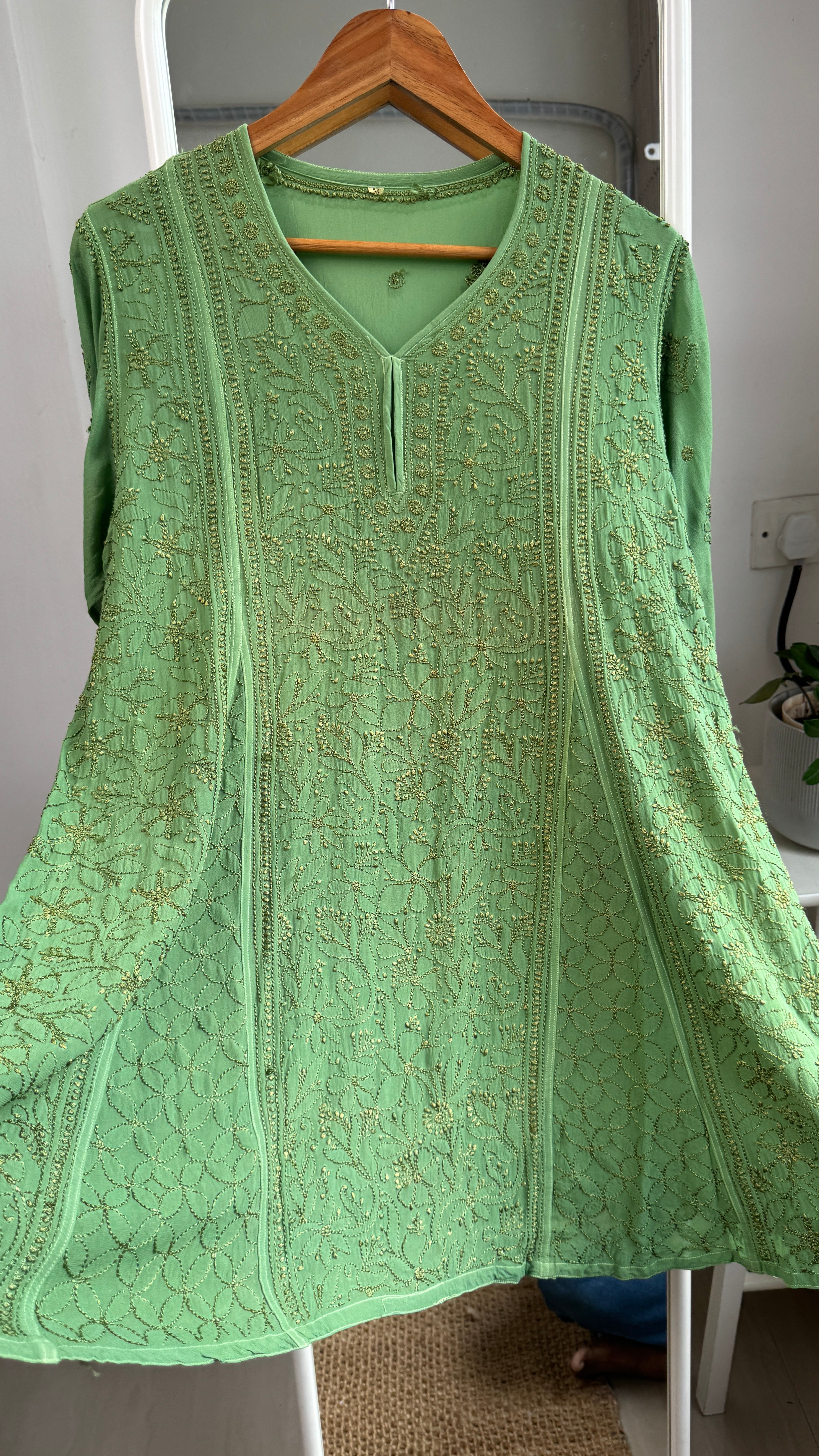 Viscose Chikankari Short Anarkali - Green - Sahar Collection