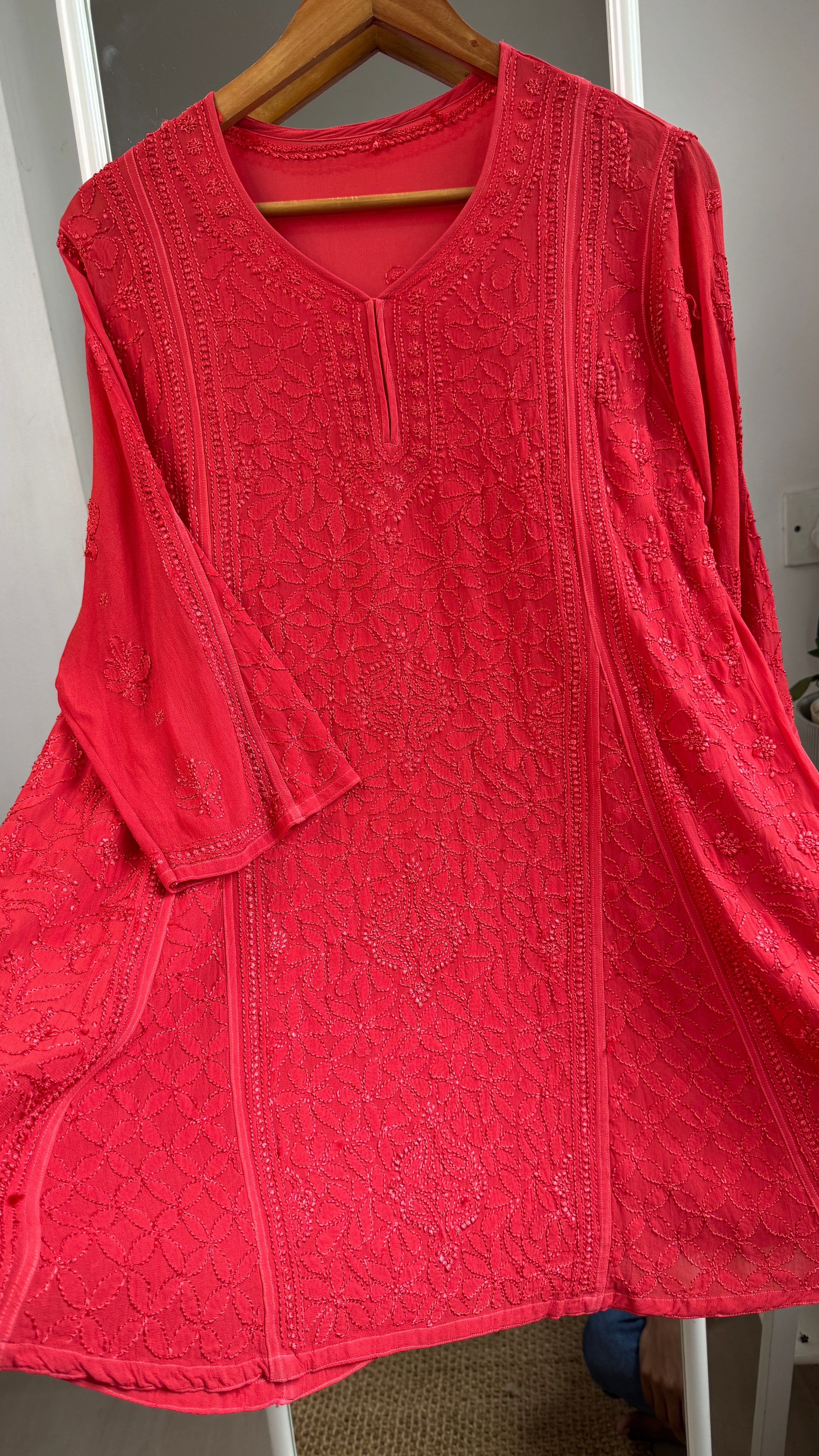 Viscose Chikankari Short Anarkali - Red - Sahar Collection