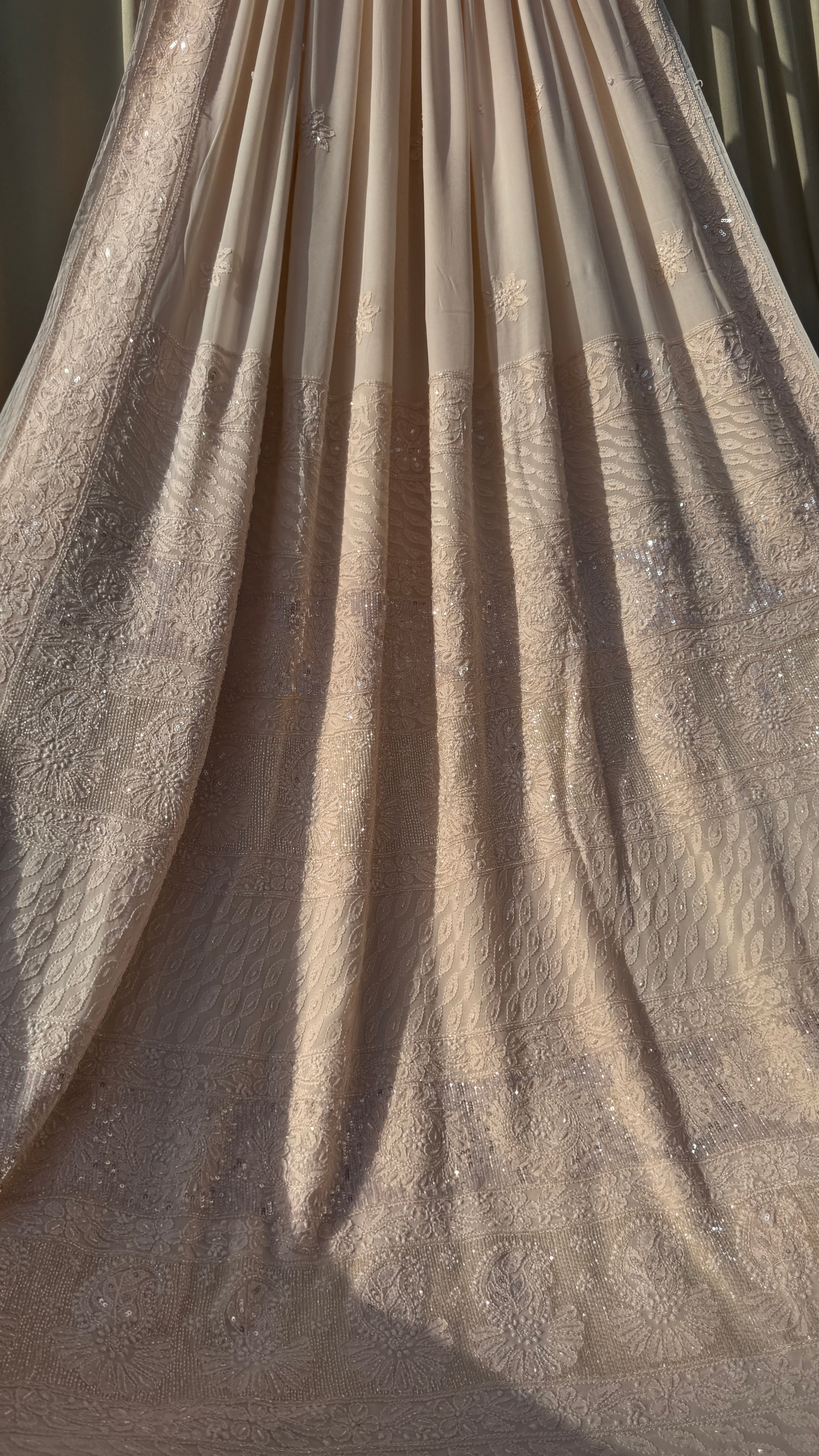 Viscose Peach Chikankari saree with Pearl embellishments