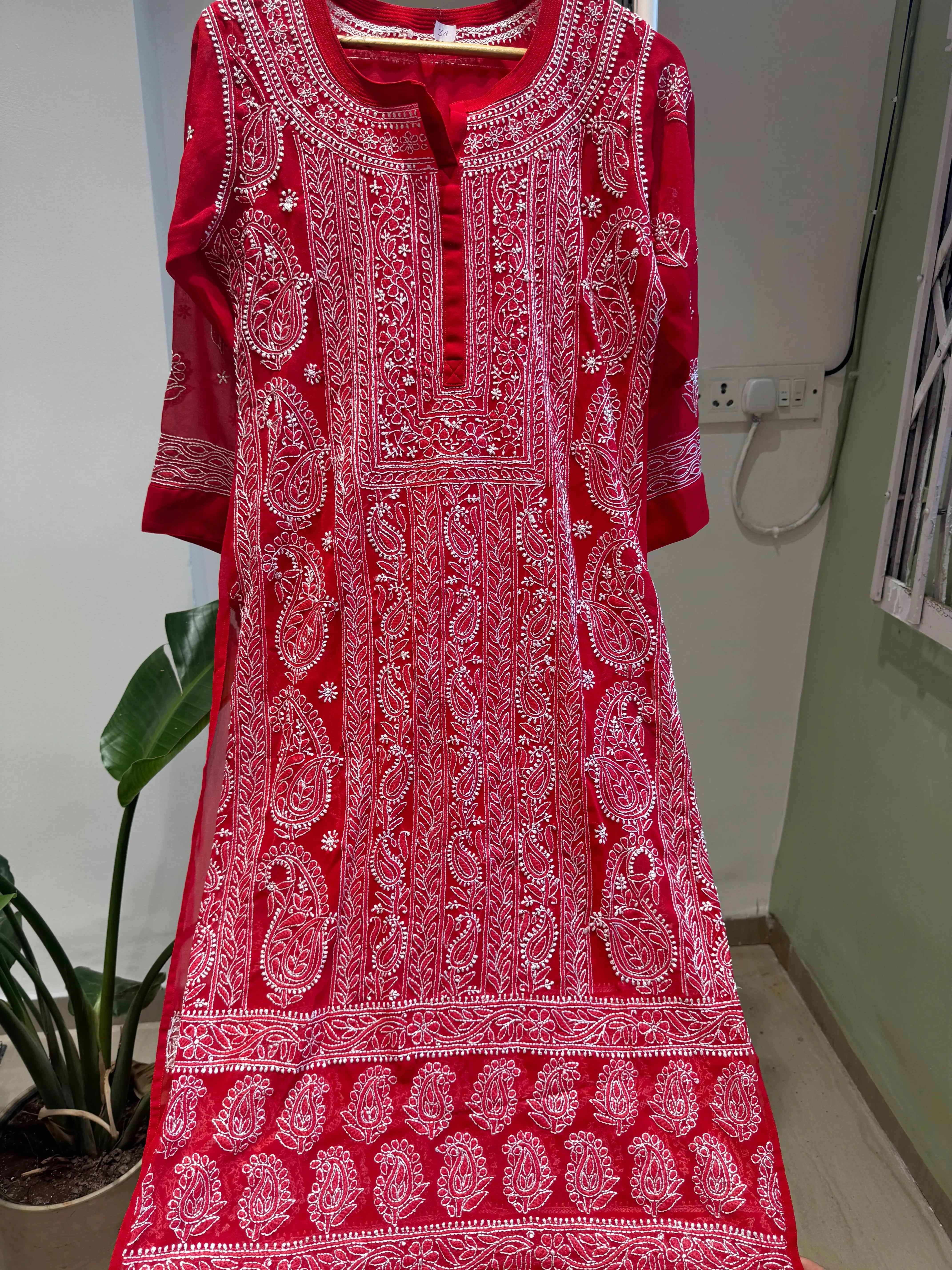 Chikankari Resham Jaal Kurti -  Red ARIAA CHIKANKARI 