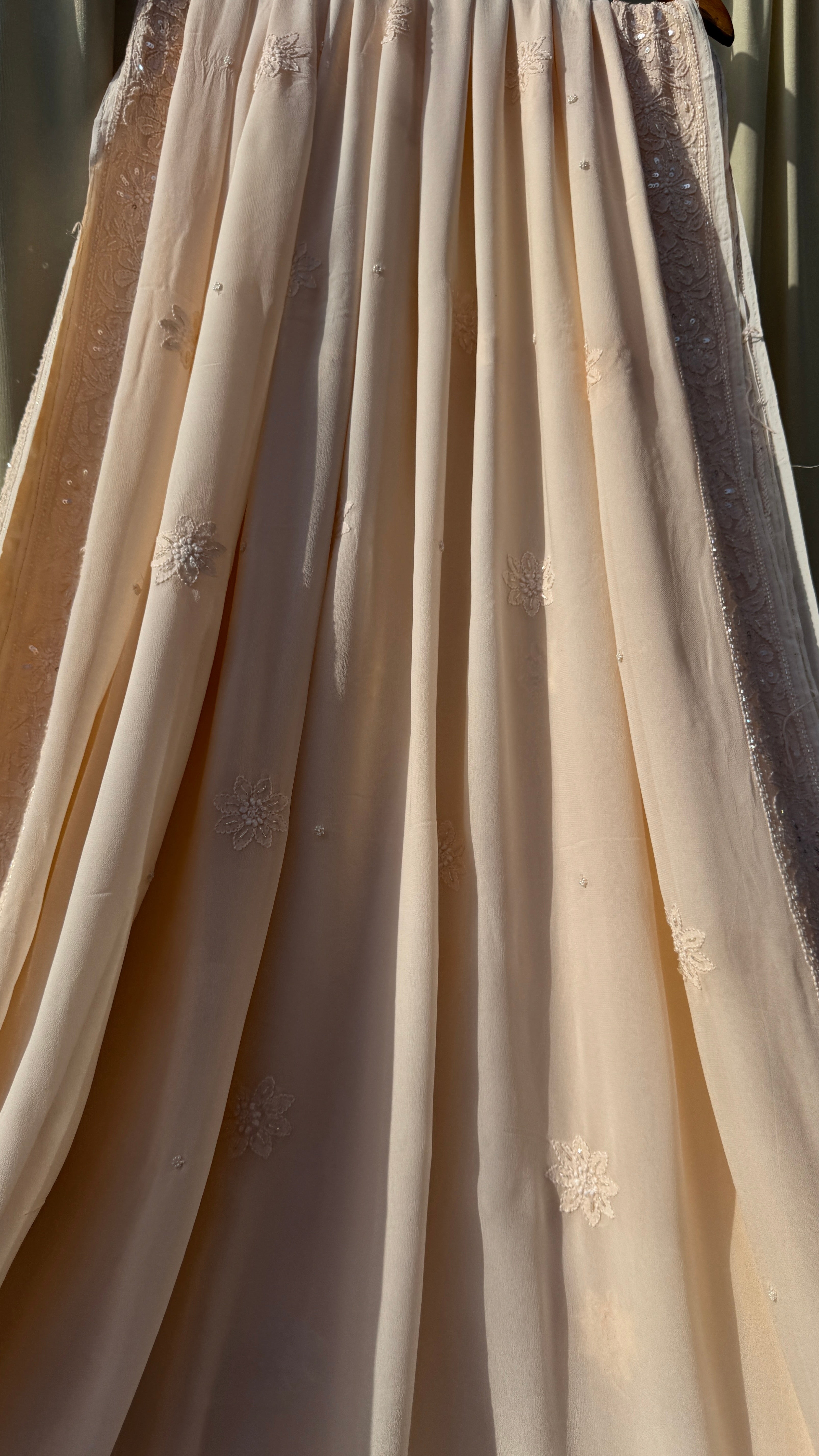 Viscose Peach Chikankari saree with Pearl embellishments