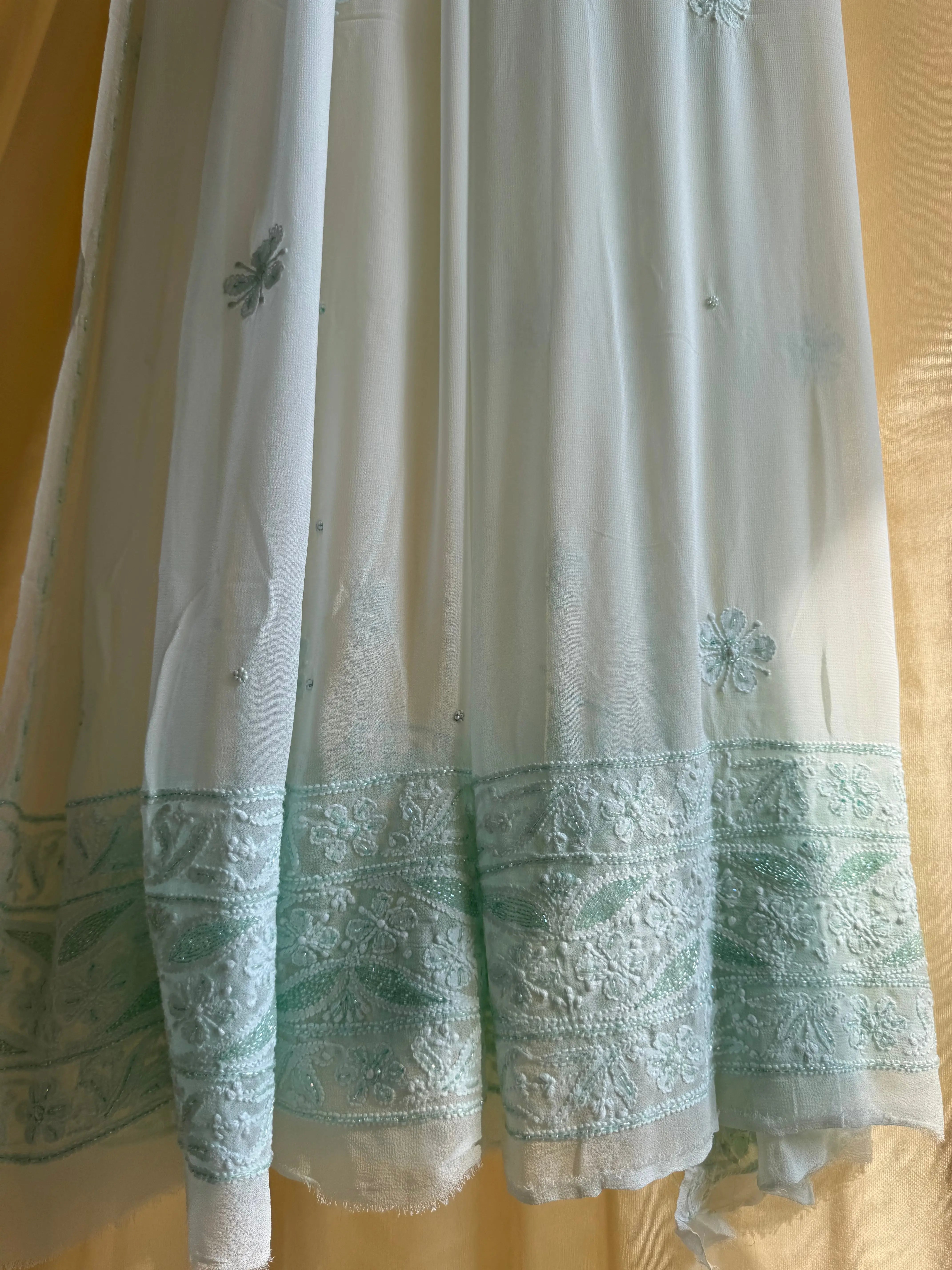 Viscose Anarkali - Semi Stitched - Pearl Work - Cyan Green ARIAA CHIKANKARI 