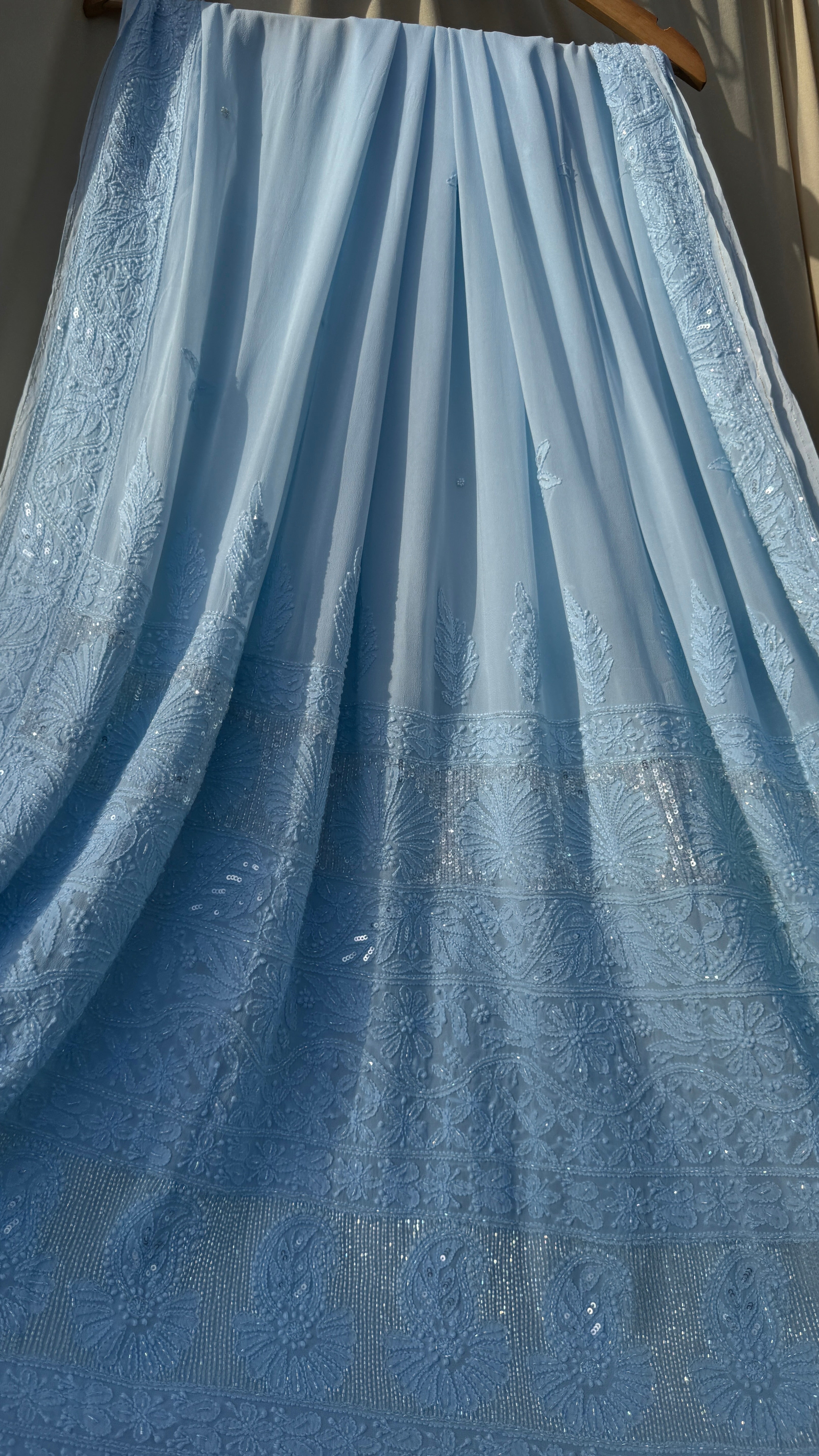 Viscose Blue Chikankari saree with Pearl embellishments