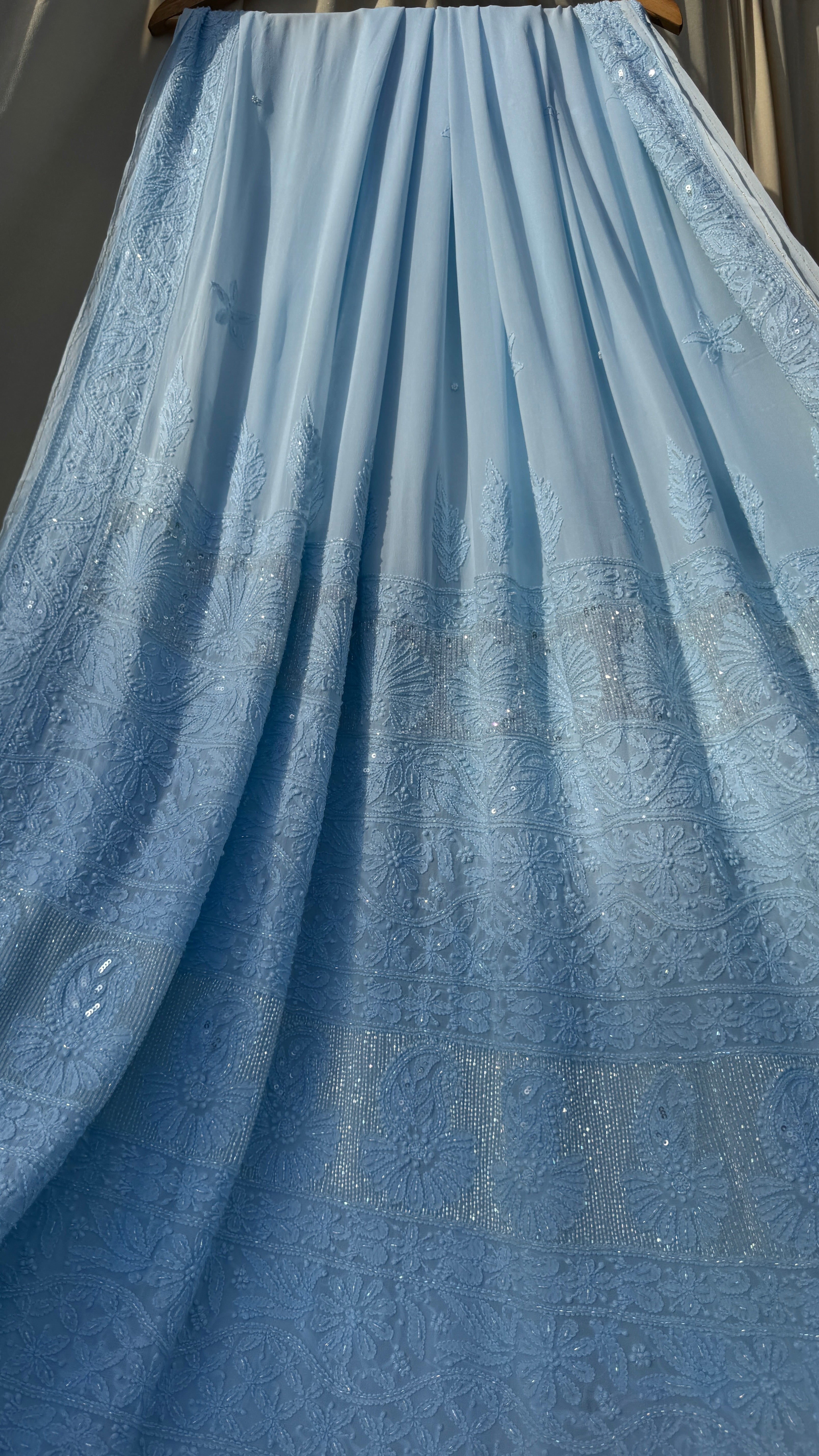 Viscose Blue Chikankari saree with Pearl embellishments