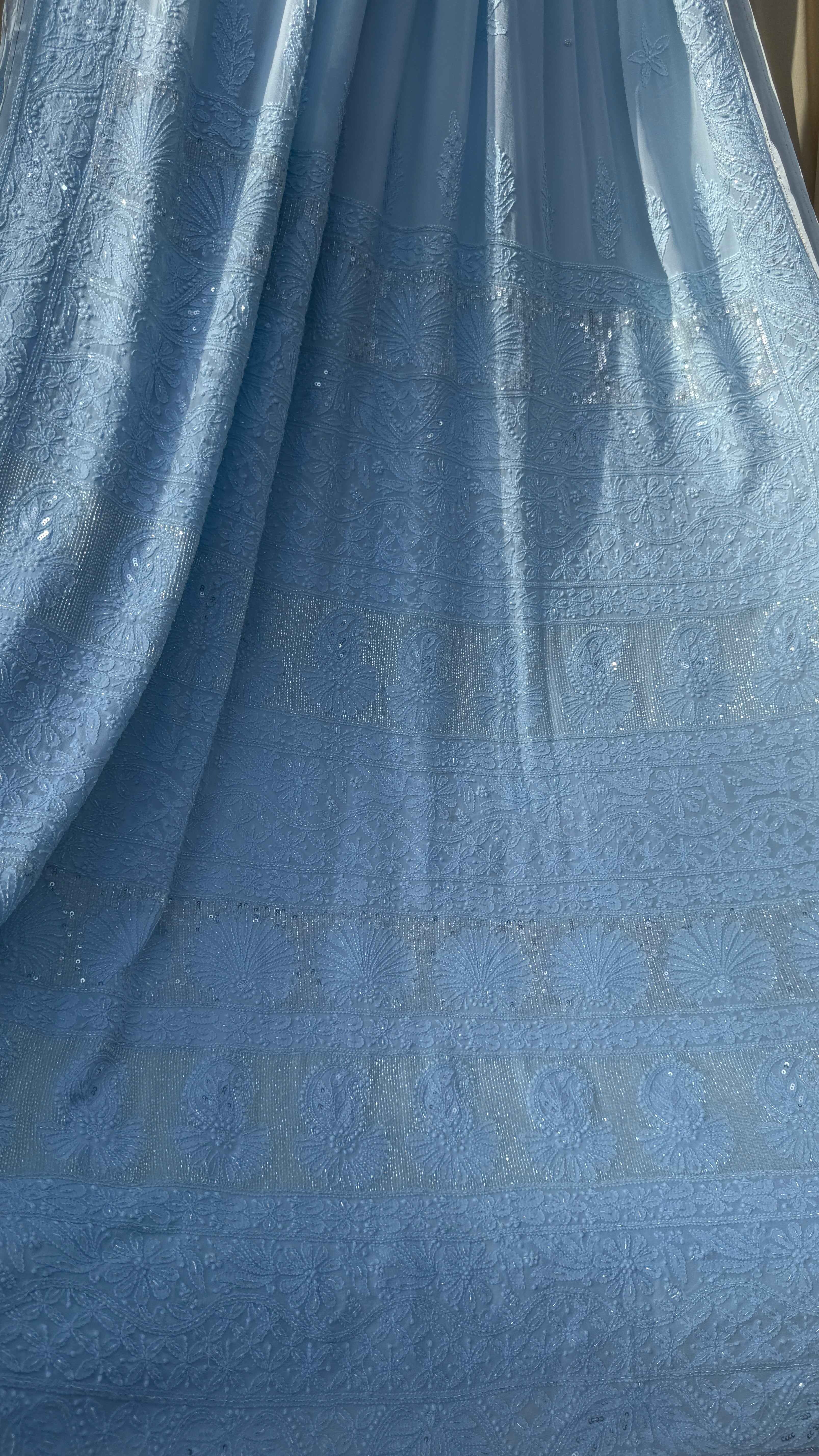 Viscose Blue Chikankari saree with Pearl embellishments