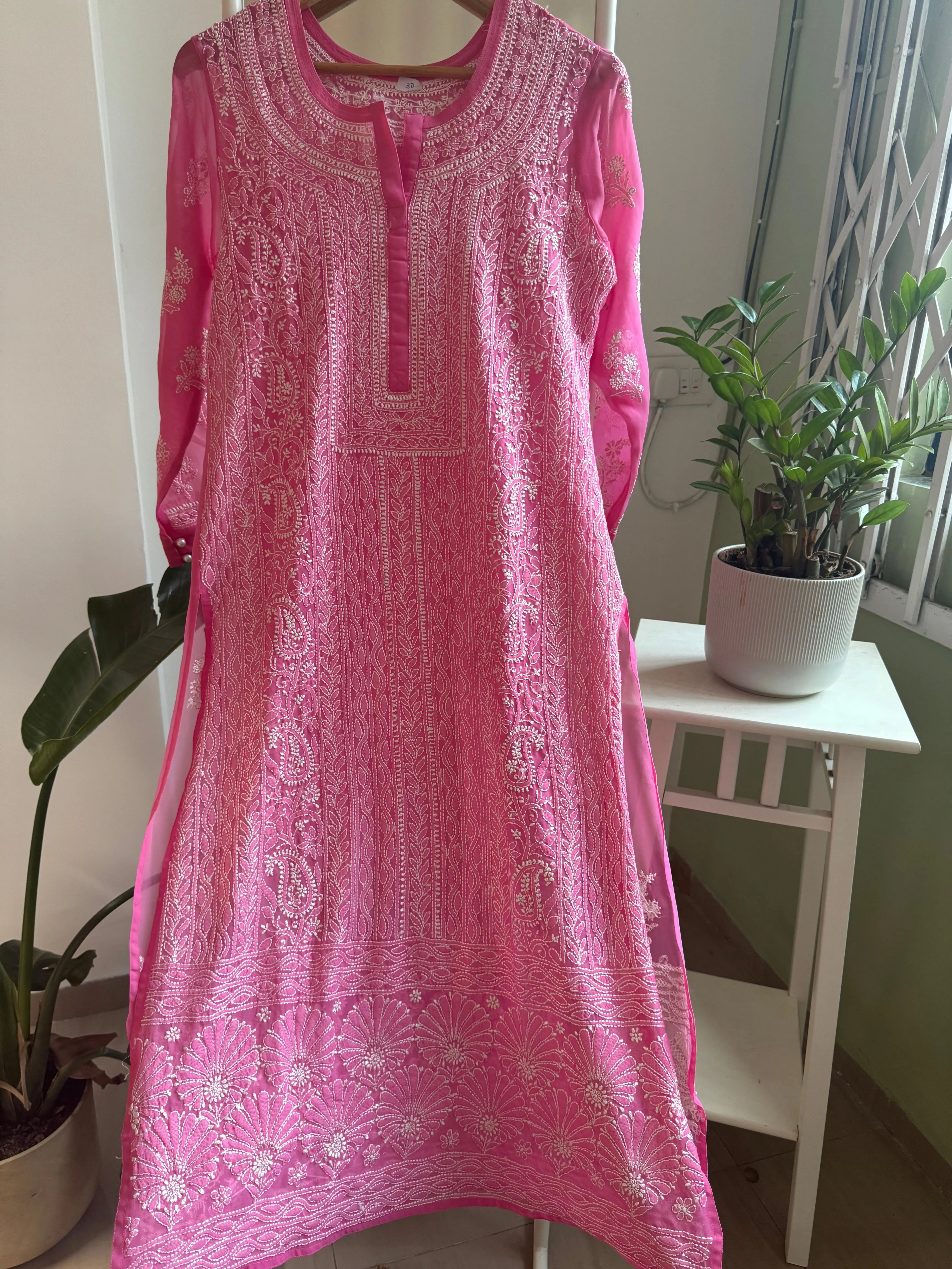 Chikankari Resham Jaal Kurti -  Hot Pink ARIAA CHIKANKARI 