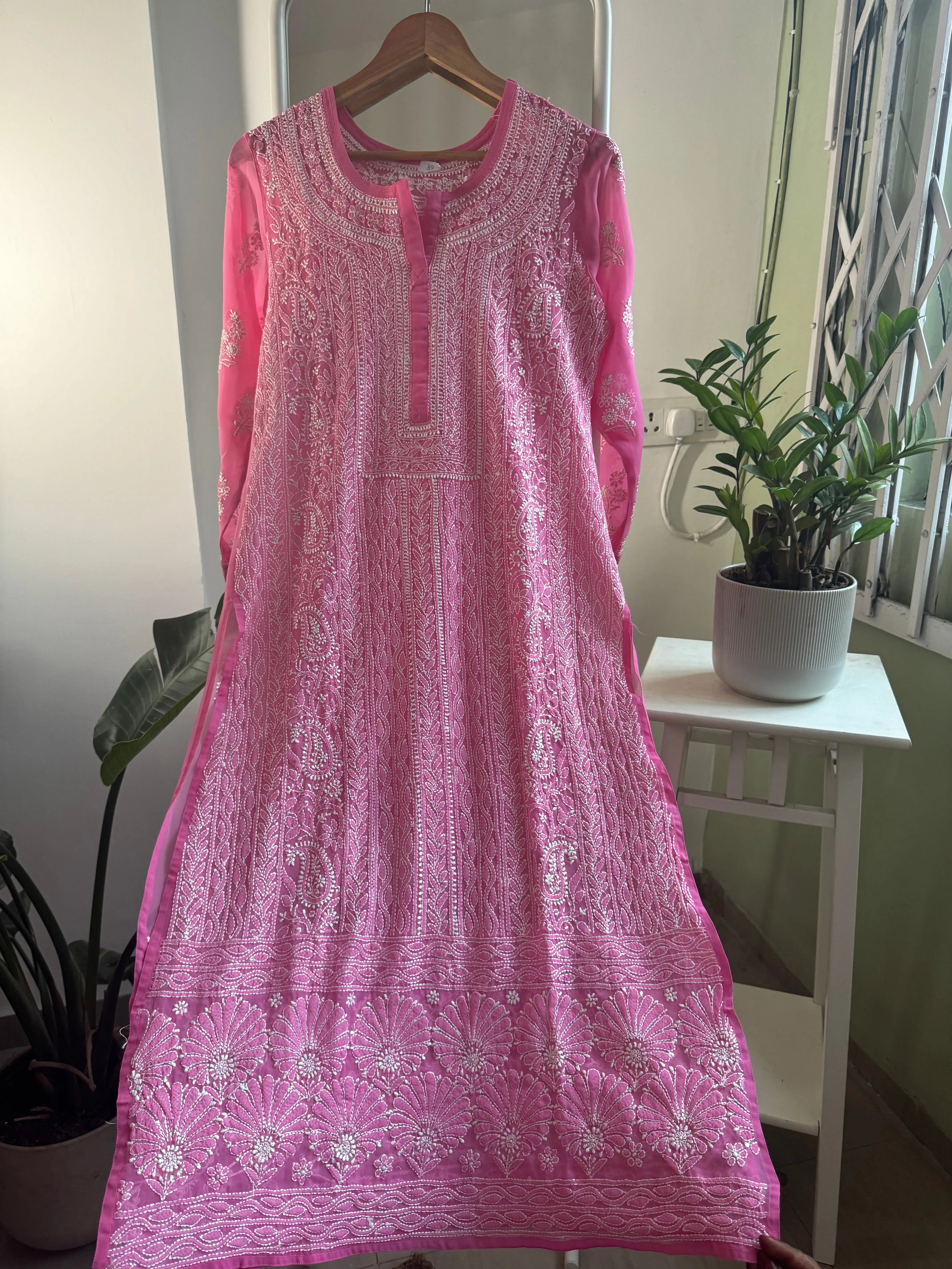 Chikankari Resham Jaal Kurti -  Hot Pink ARIAA CHIKANKARI 