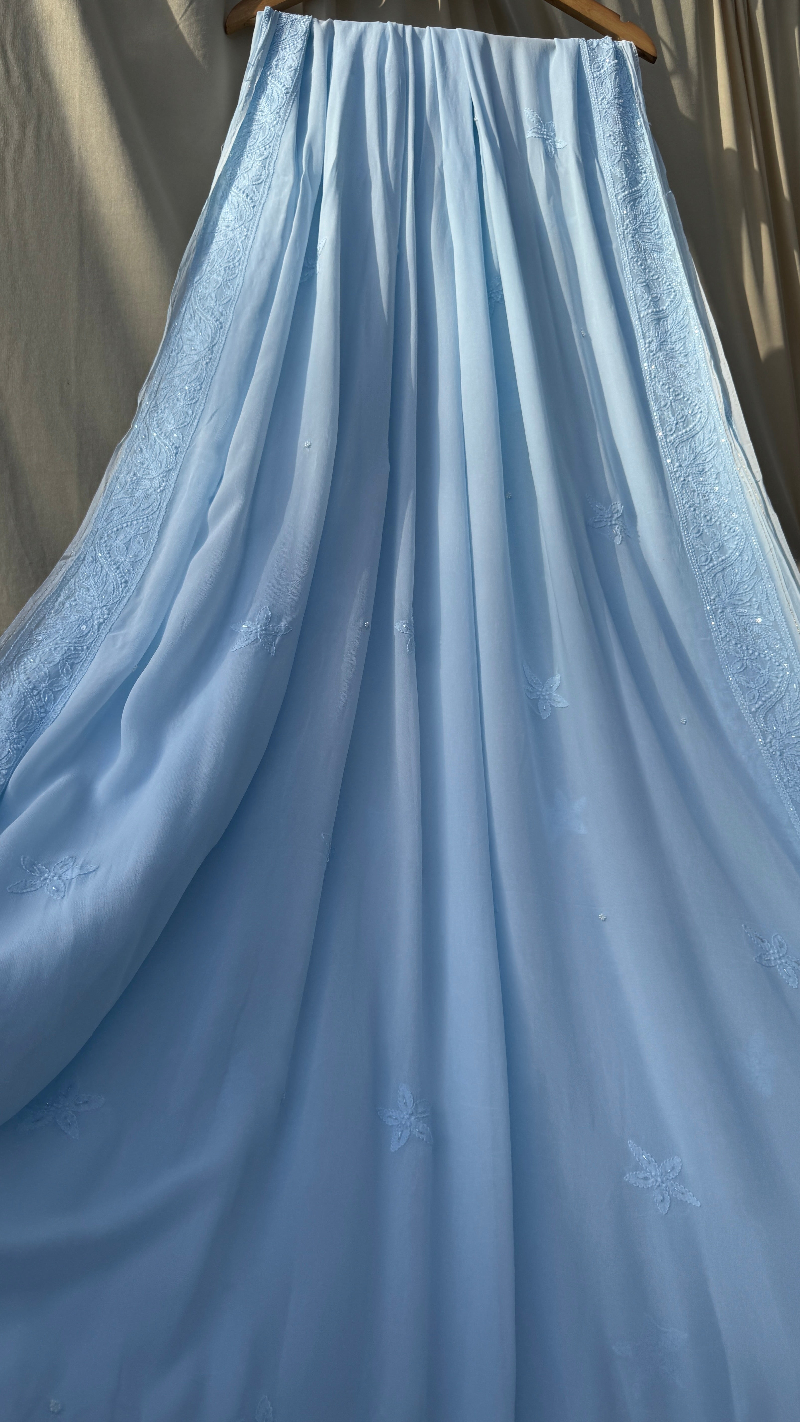 Viscose Blue Chikankari saree with Pearl embellishments
