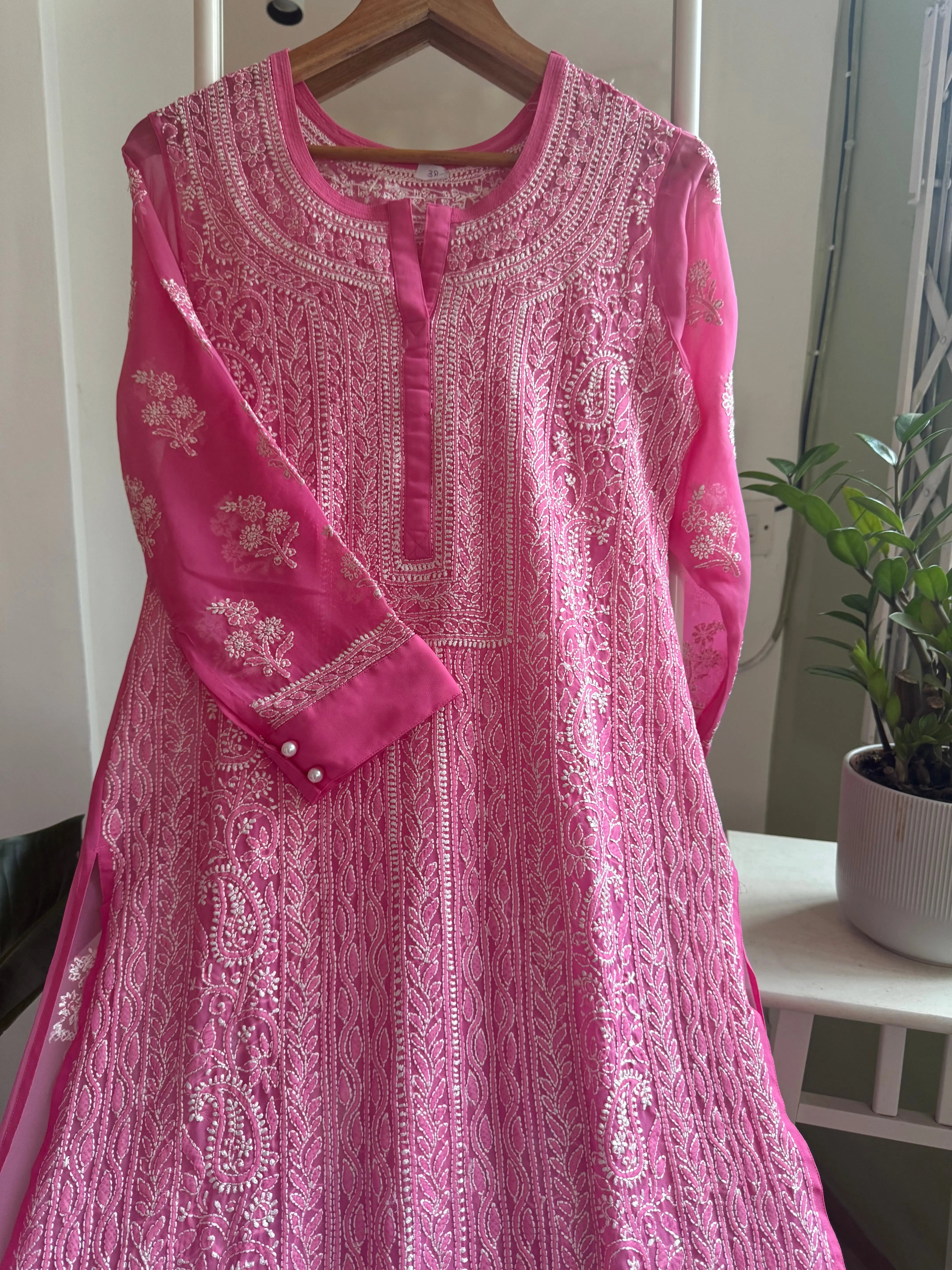 Chikankari Resham Jaal Kurti -  Hot Pink ARIAA CHIKANKARI 