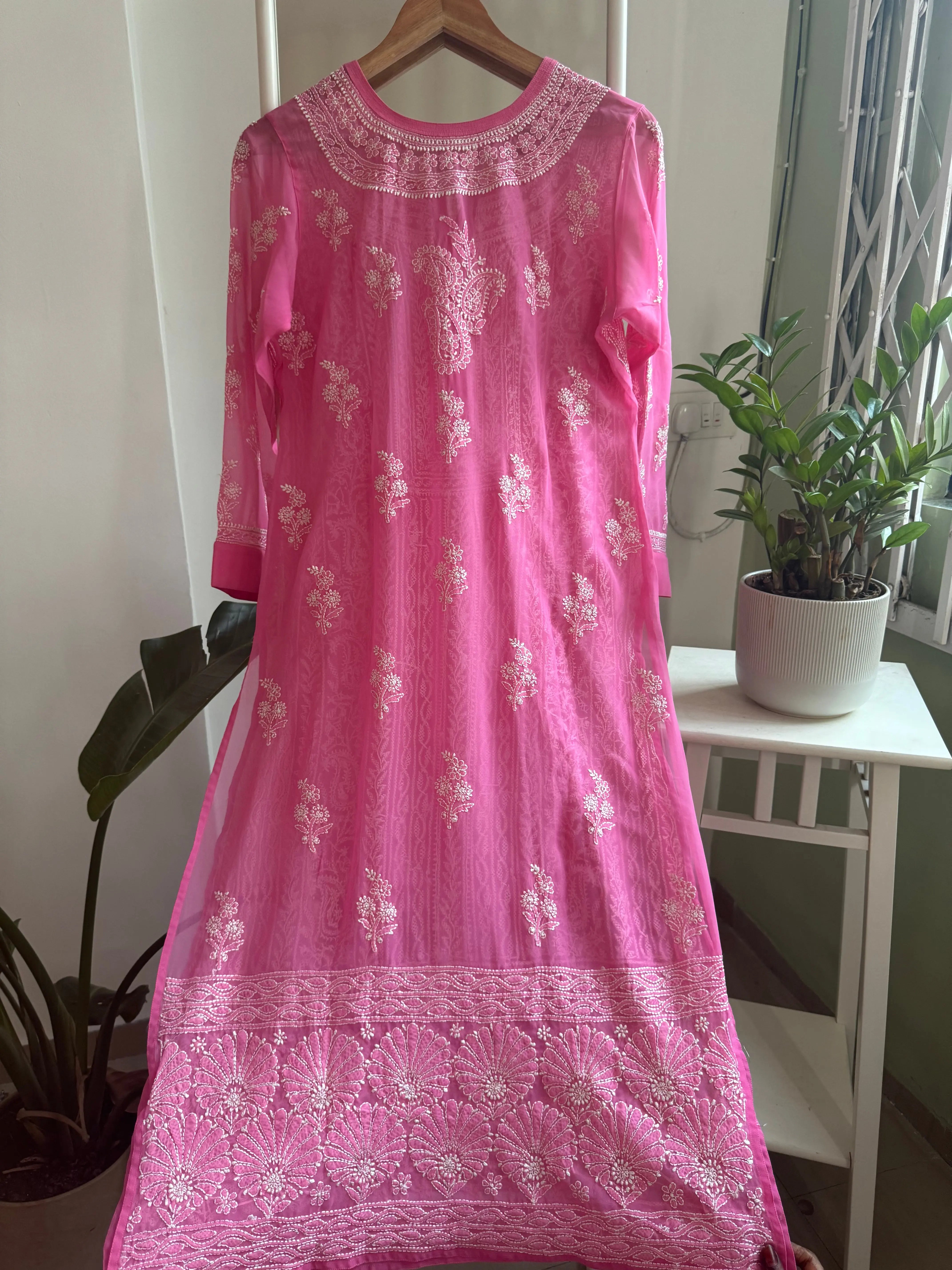 Chikankari Resham Jaal Kurti -  Hot Pink ARIAA CHIKANKARI 