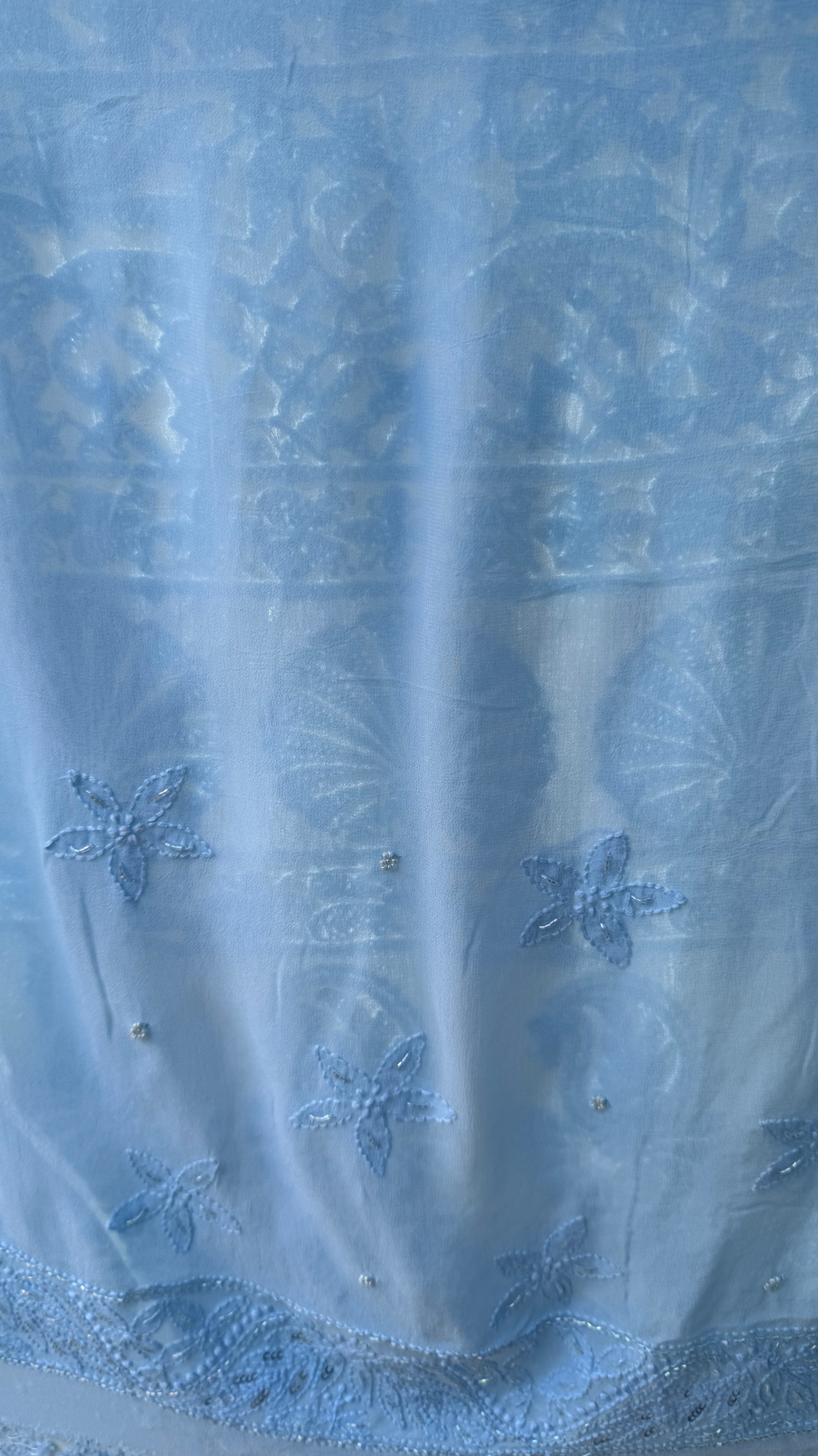 Viscose Blue Chikankari saree with Pearl embellishments