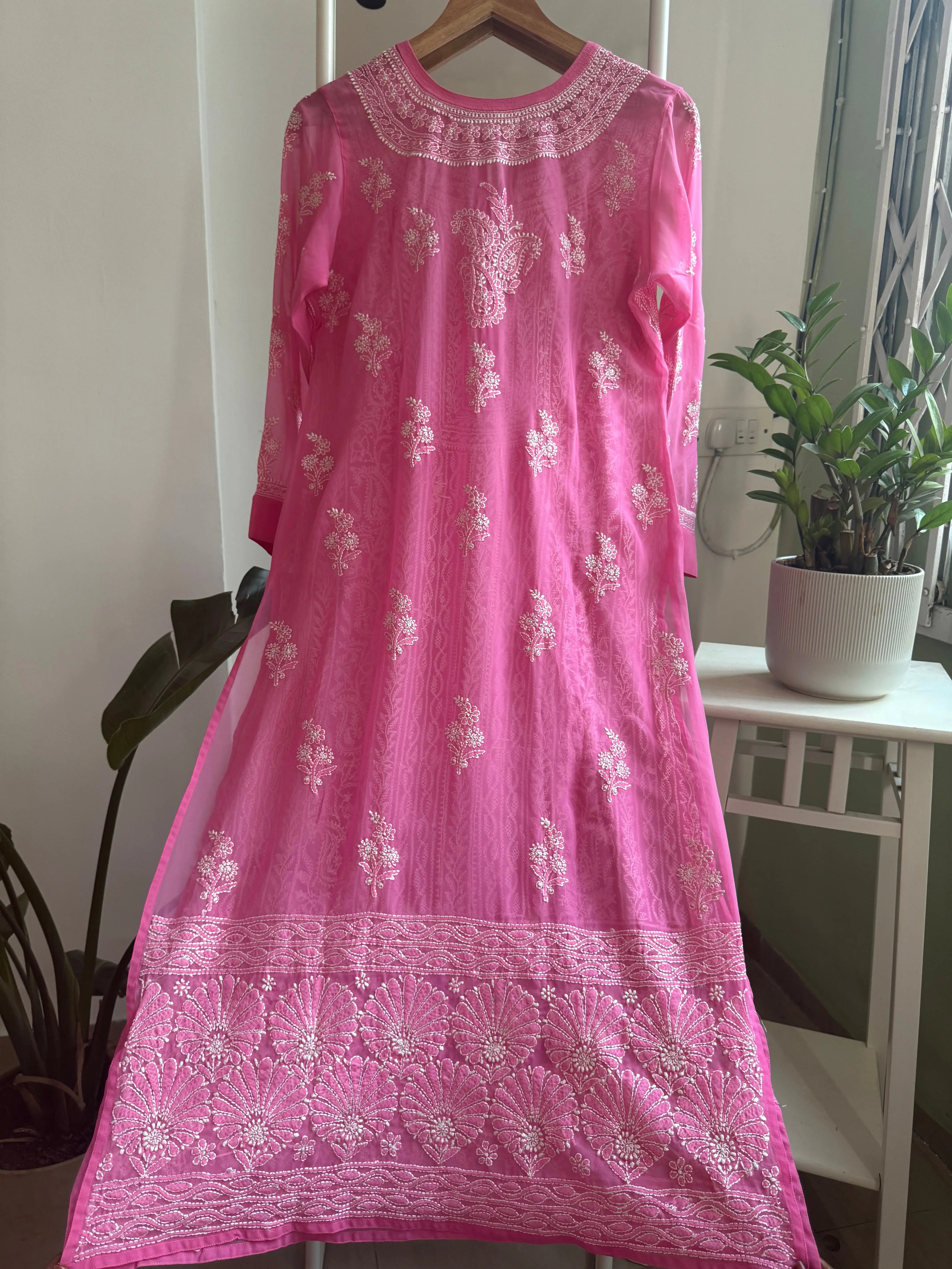 Chikankari Resham Jaal Kurti -  Hot Pink ARIAA CHIKANKARI 