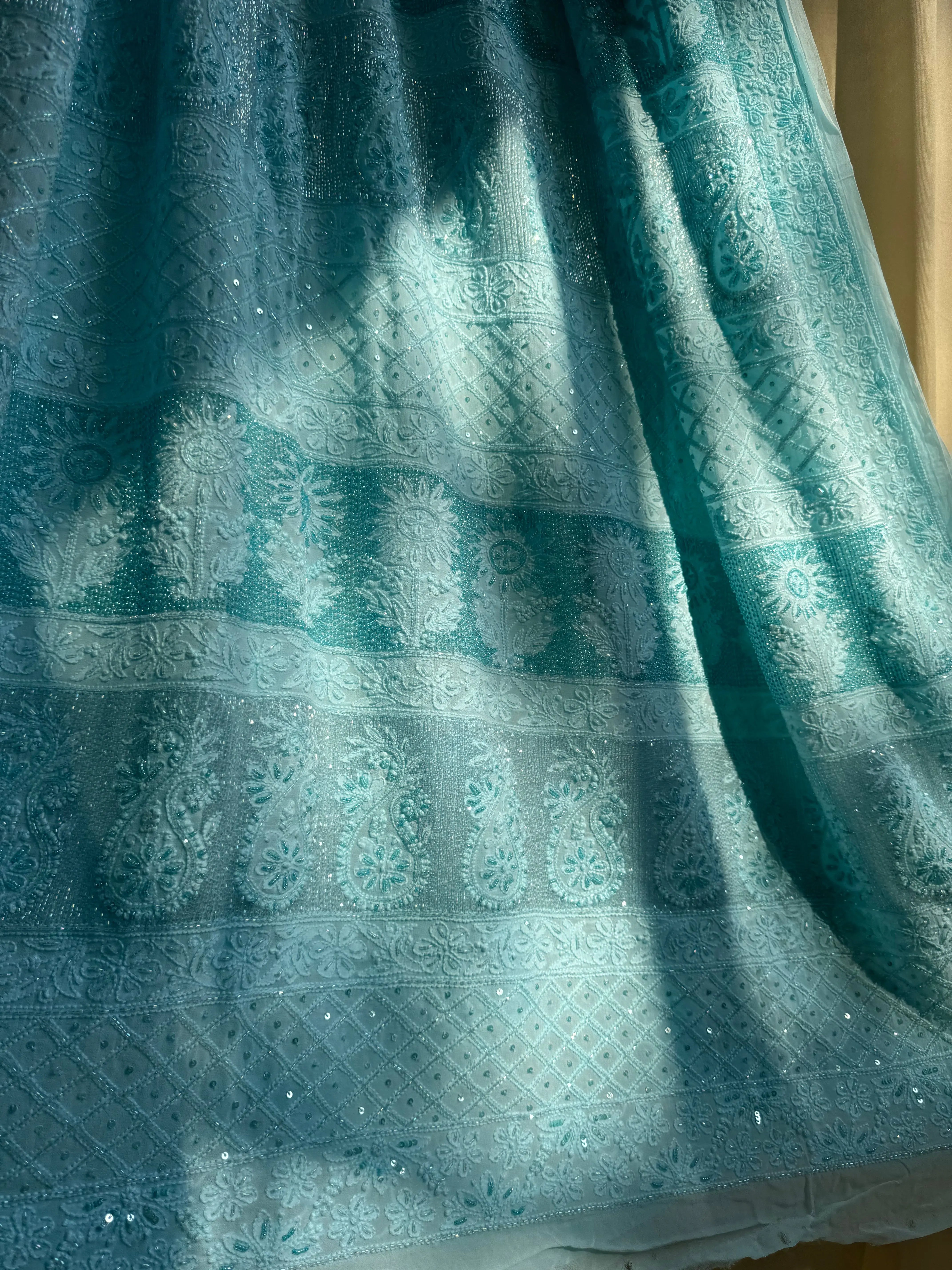 Viscose Blue Chikankari saree with Pearl embellishments ARIAA CHIKANKARI 