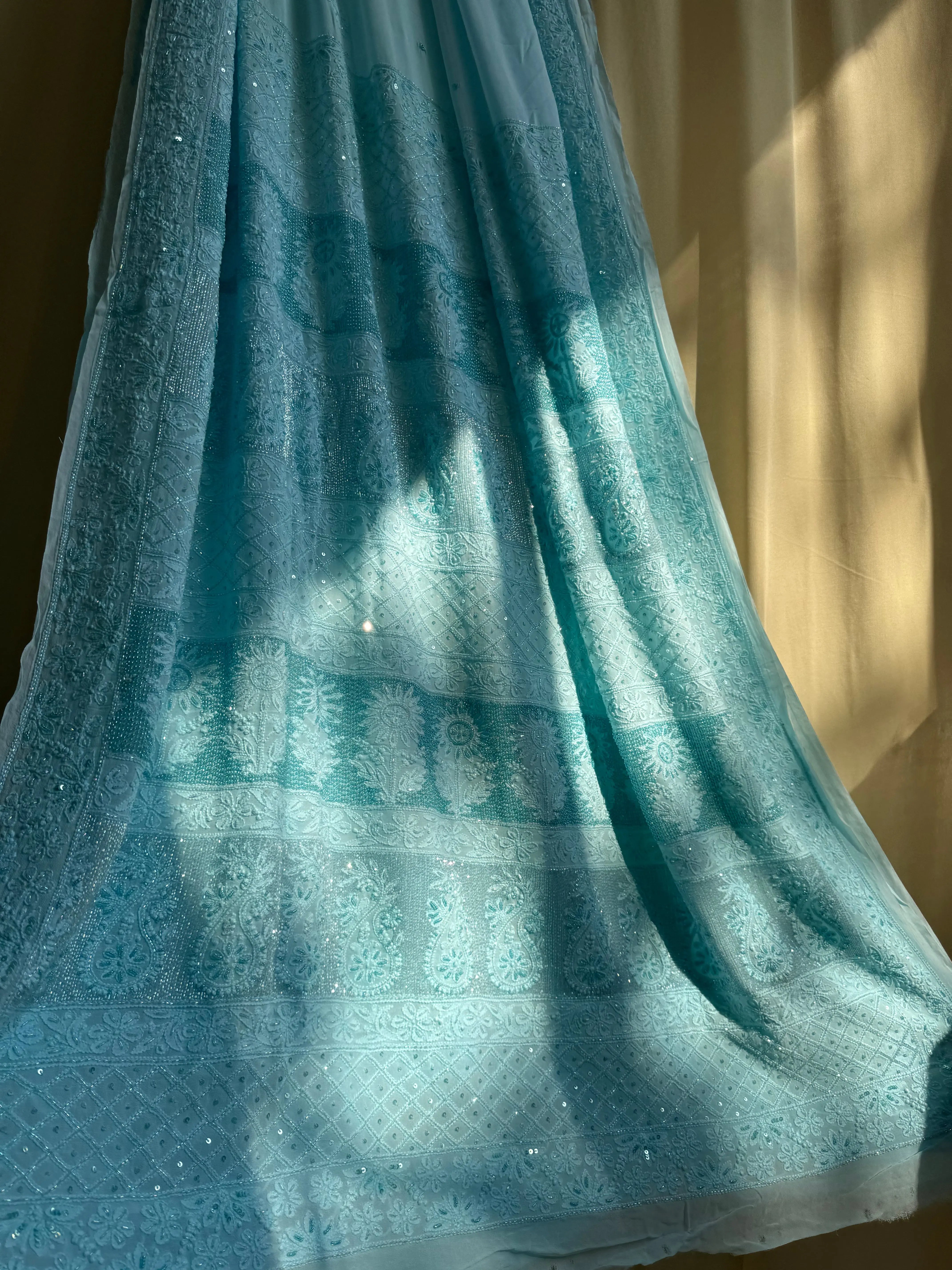 Viscose Blue Chikankari saree with Pearl embellishments ARIAA CHIKANKARI 