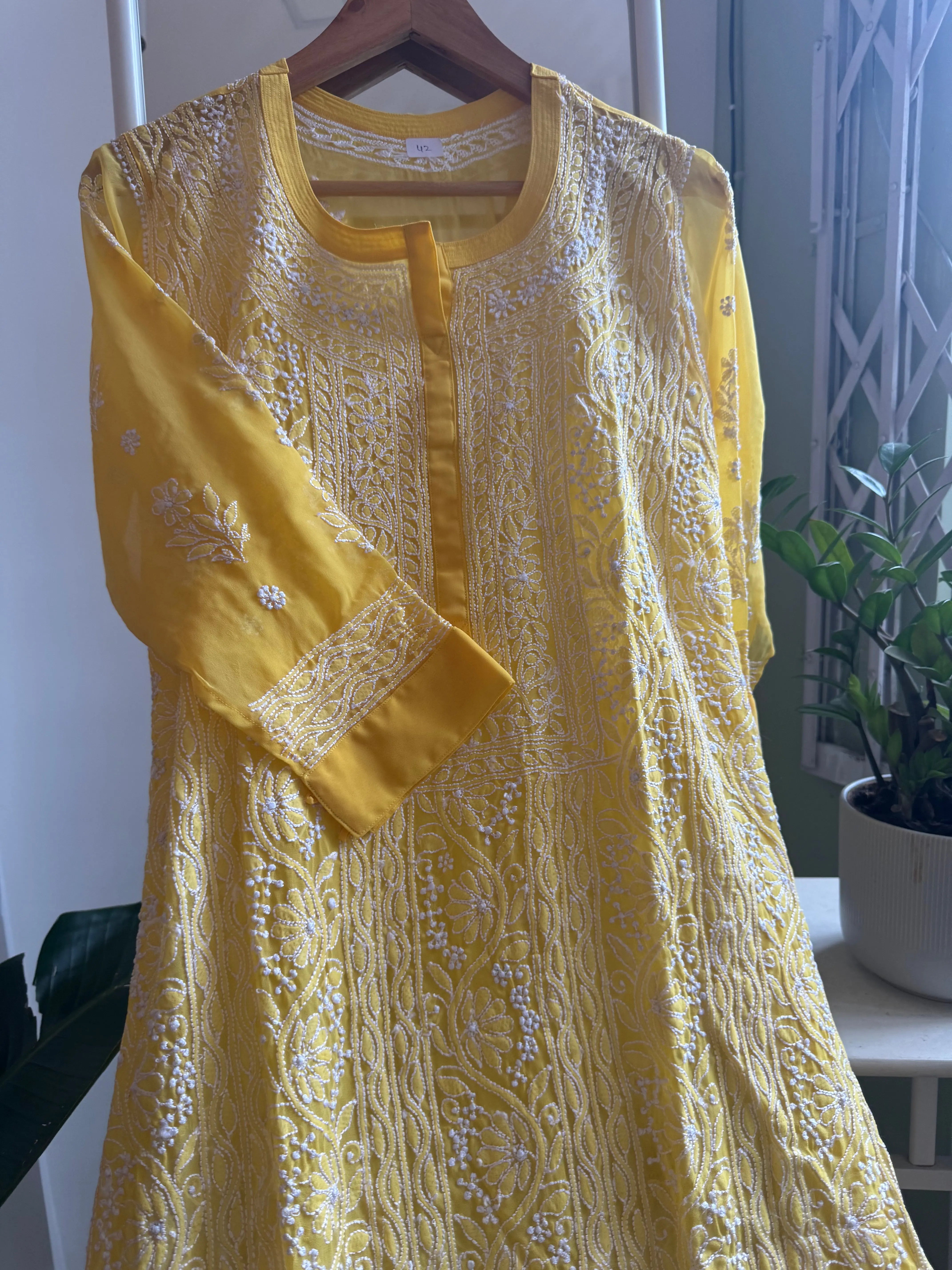 Chikankari Resham Jaal Kurti -  Yellow ARIAA CHIKANKARI 