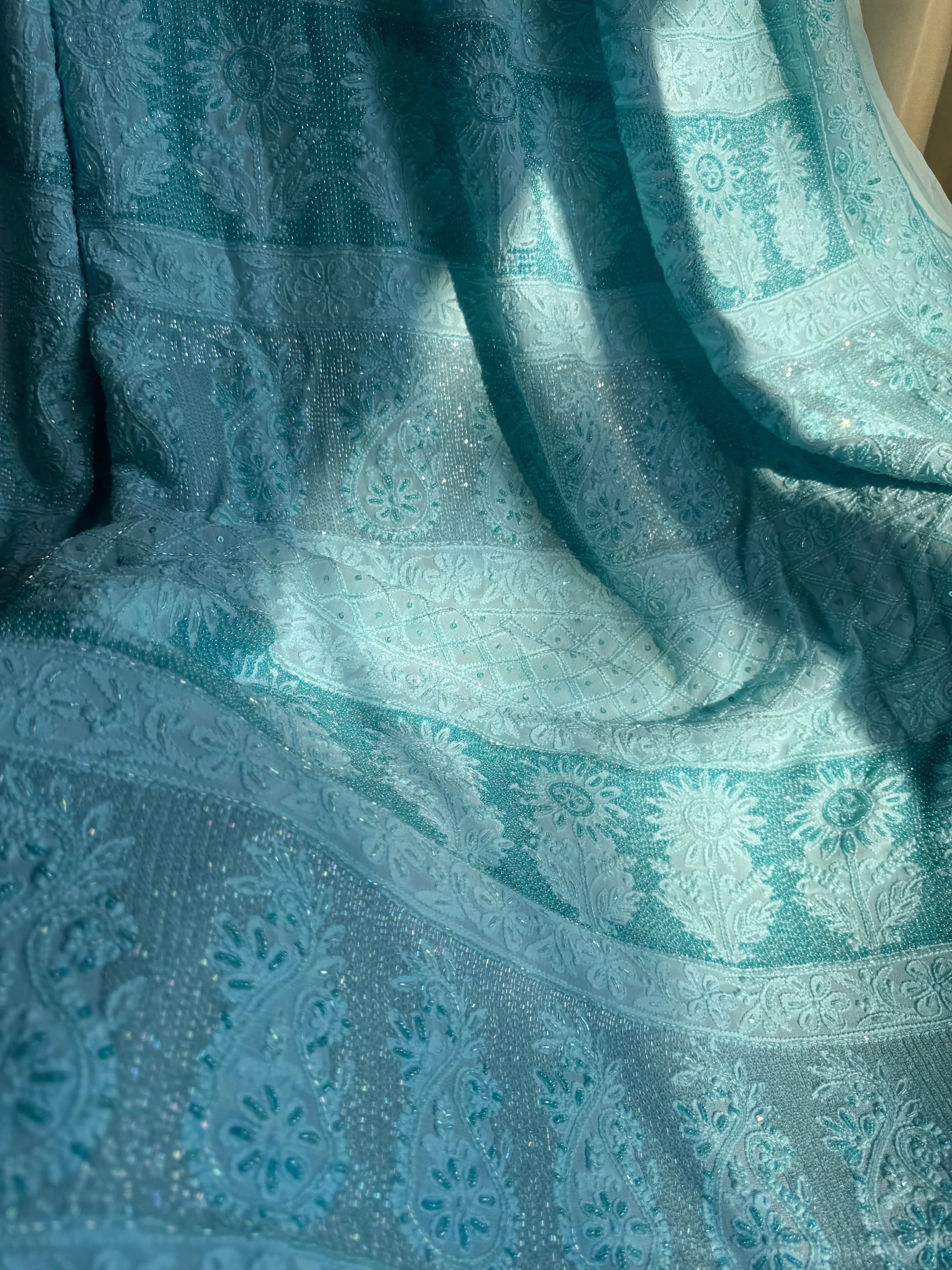 Viscose Blue Chikankari saree with Pearl embellishments ARIAA CHIKANKARI 