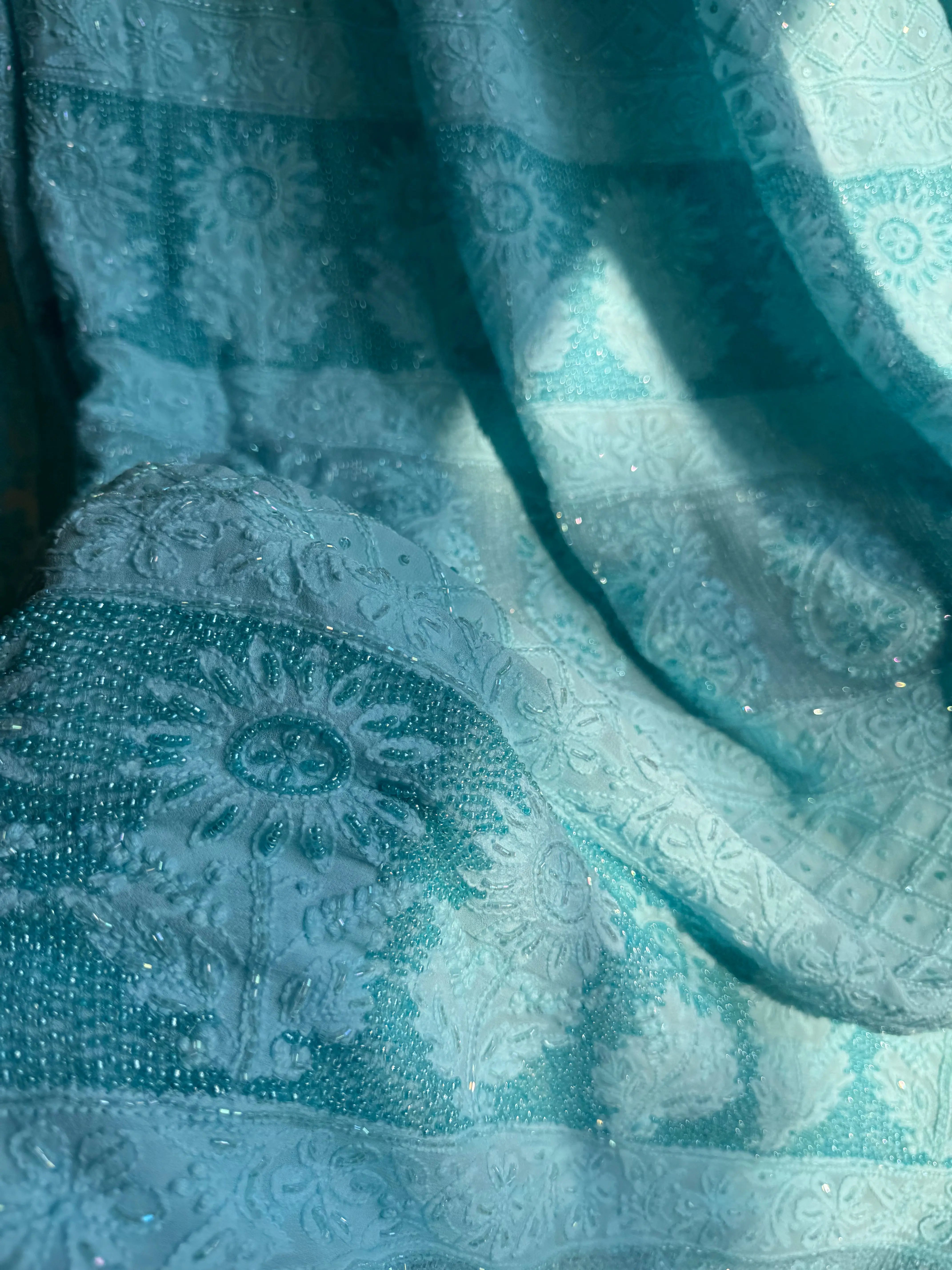 Viscose Blue Chikankari saree with Pearl embellishments ARIAA CHIKANKARI 