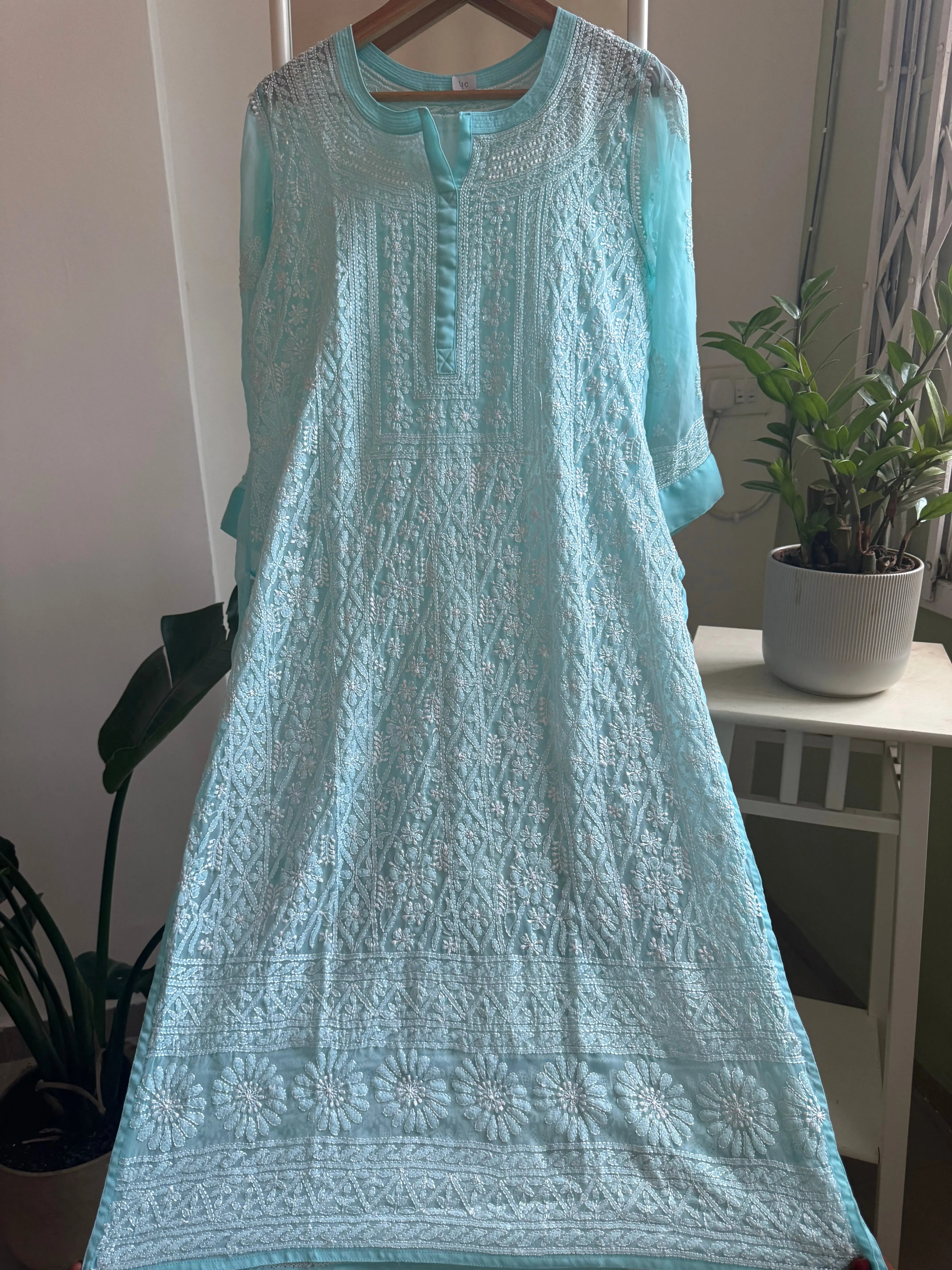 Chikankari Resham Jaal Kurti -  Sky Blue ARIAA CHIKANKARI 