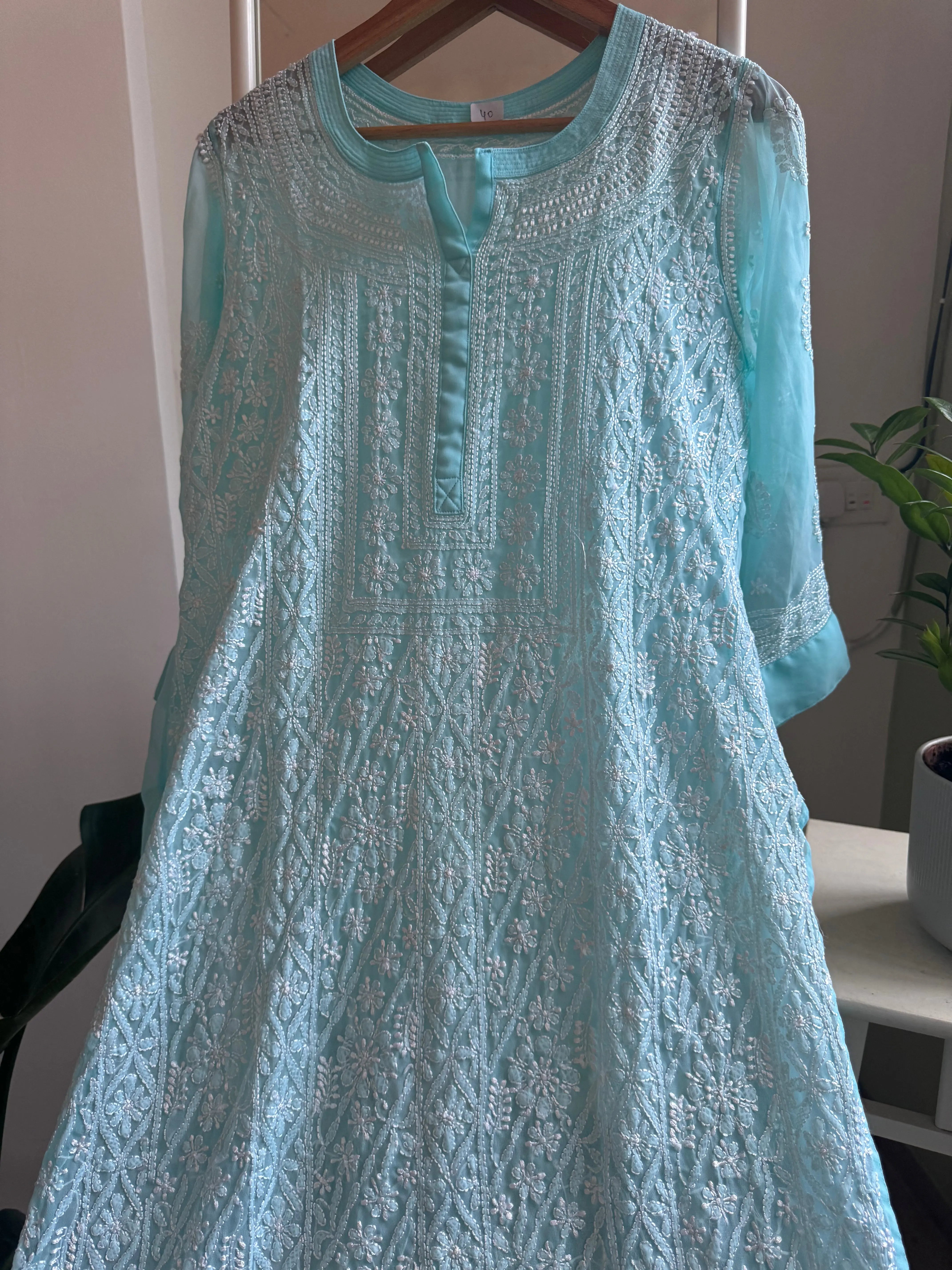 Chikankari Resham Jaal Kurti -  Sky Blue ARIAA CHIKANKARI 