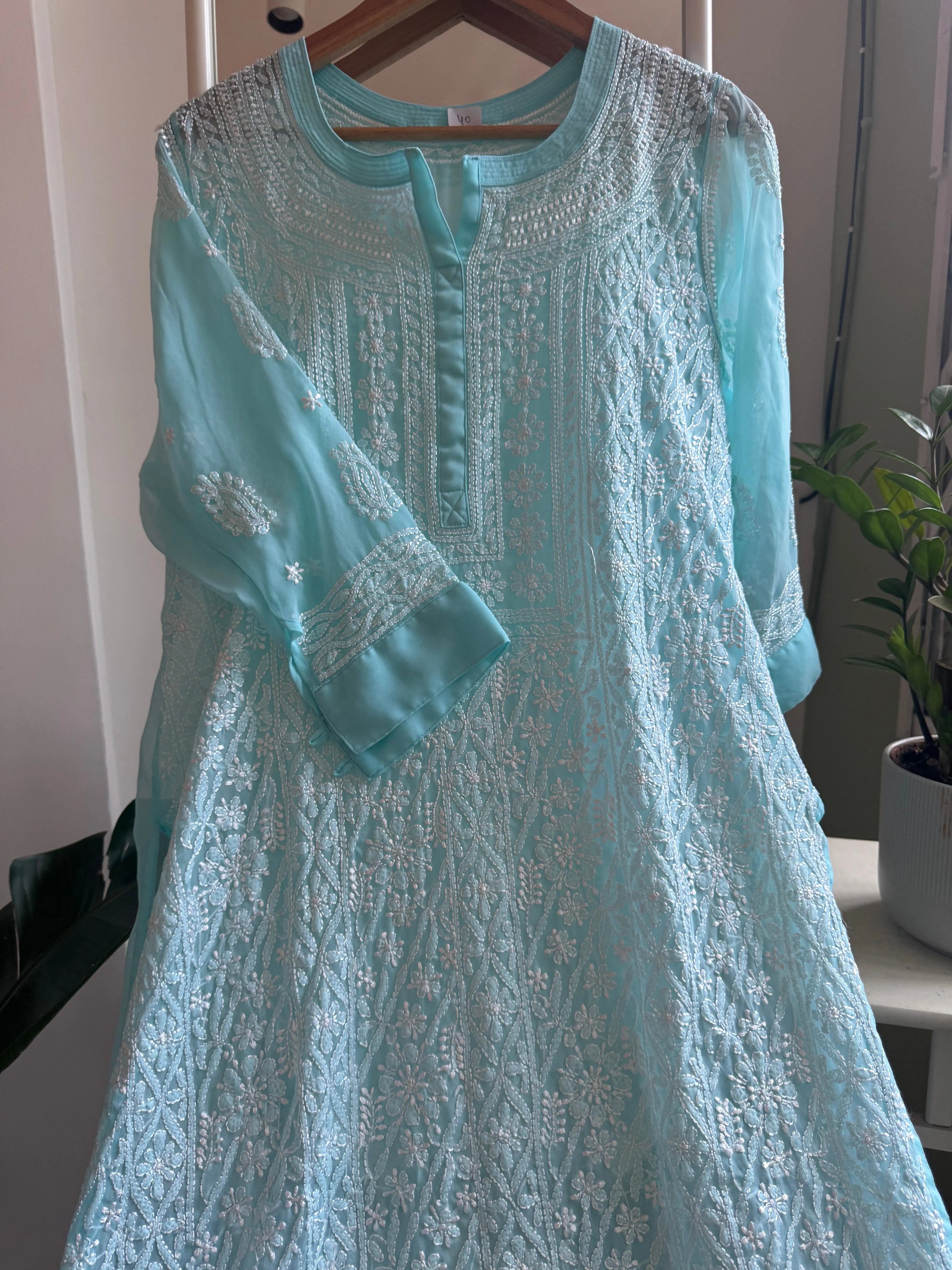 Chikankari Resham Jaal Kurti -  Sky Blue ARIAA CHIKANKARI 