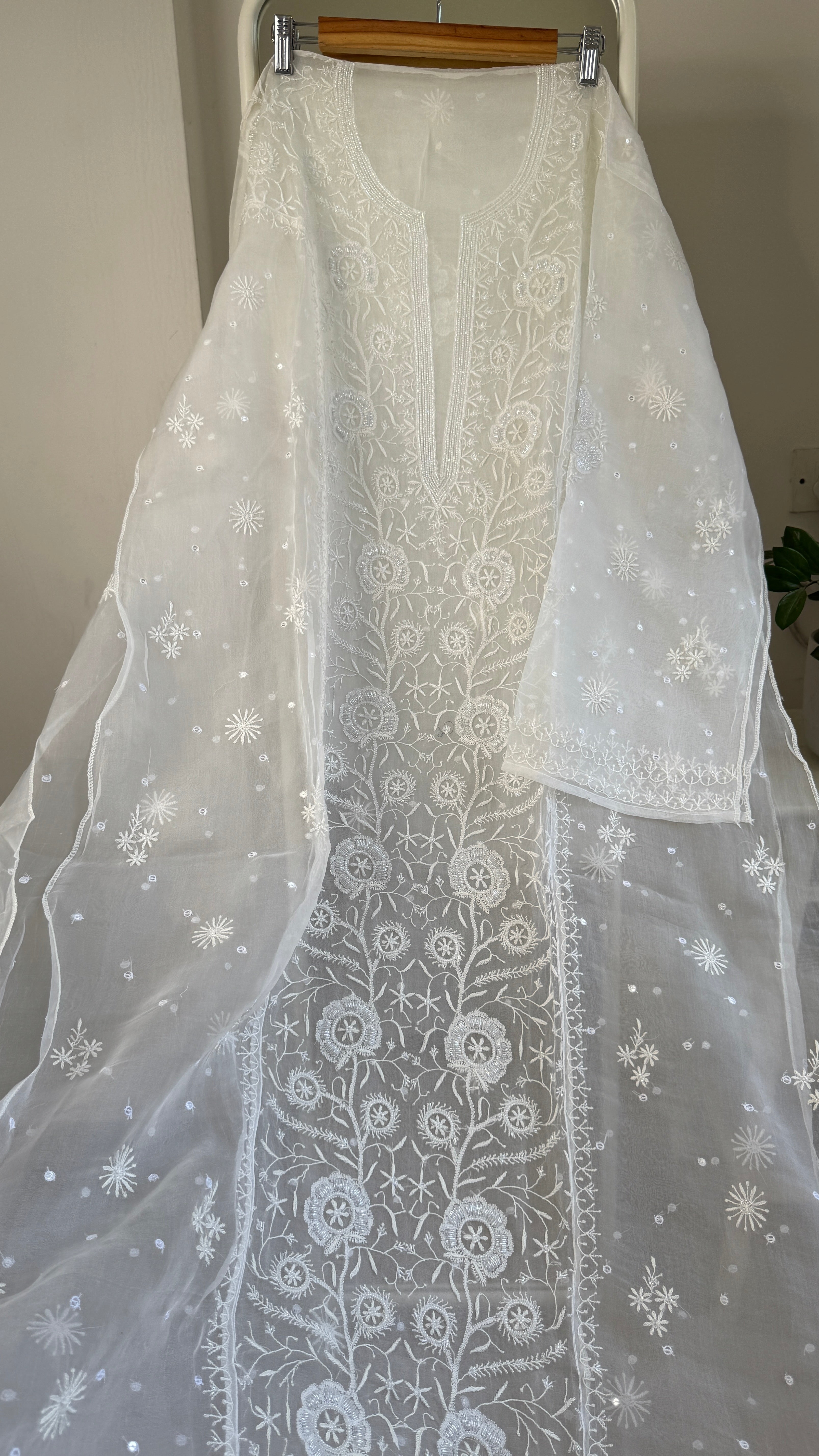 Organza Chikankari Length with Dupatta (Pearl Work) - White