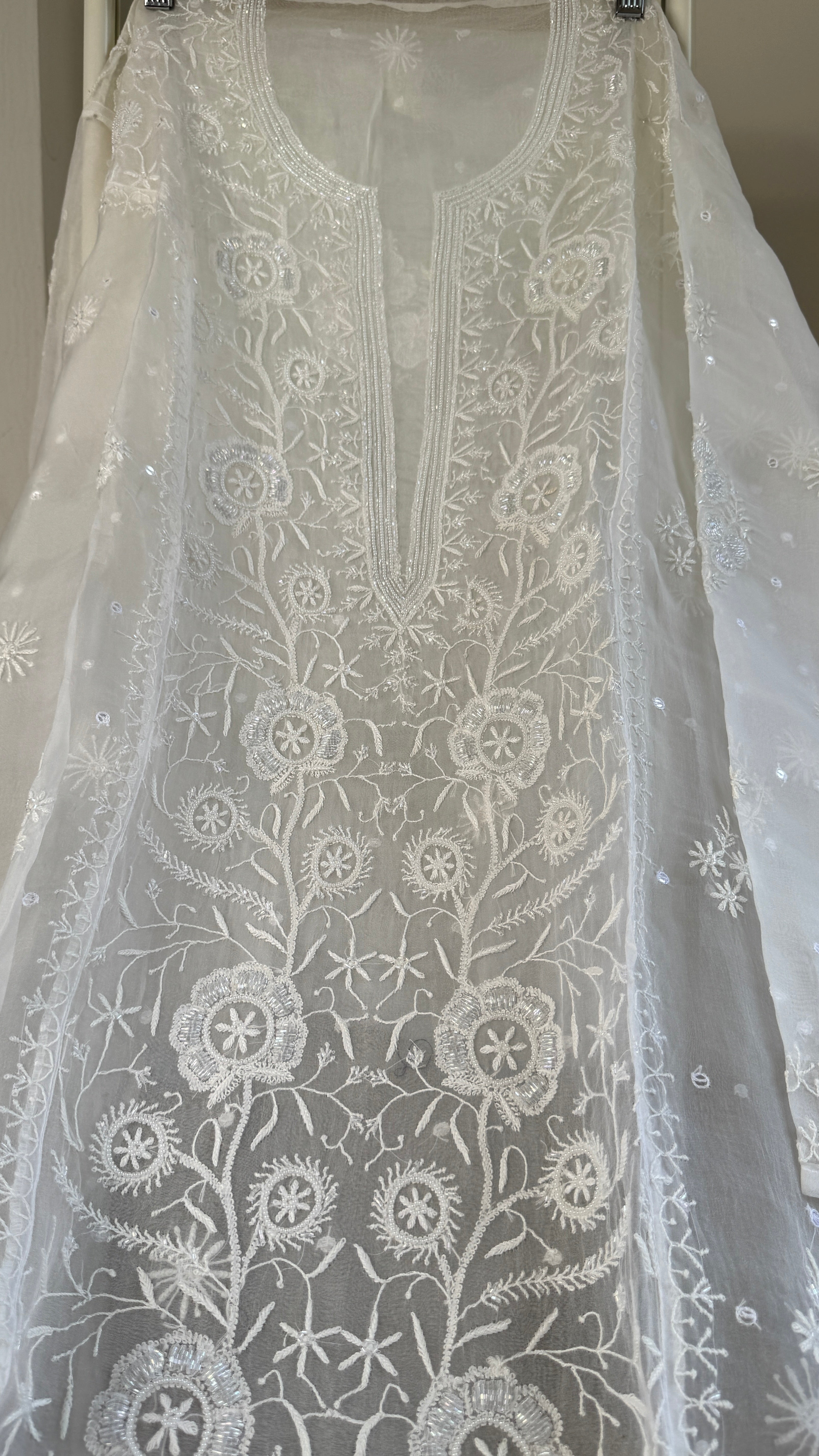 Organza Chikankari Length with Dupatta (Pearl Work) - White
