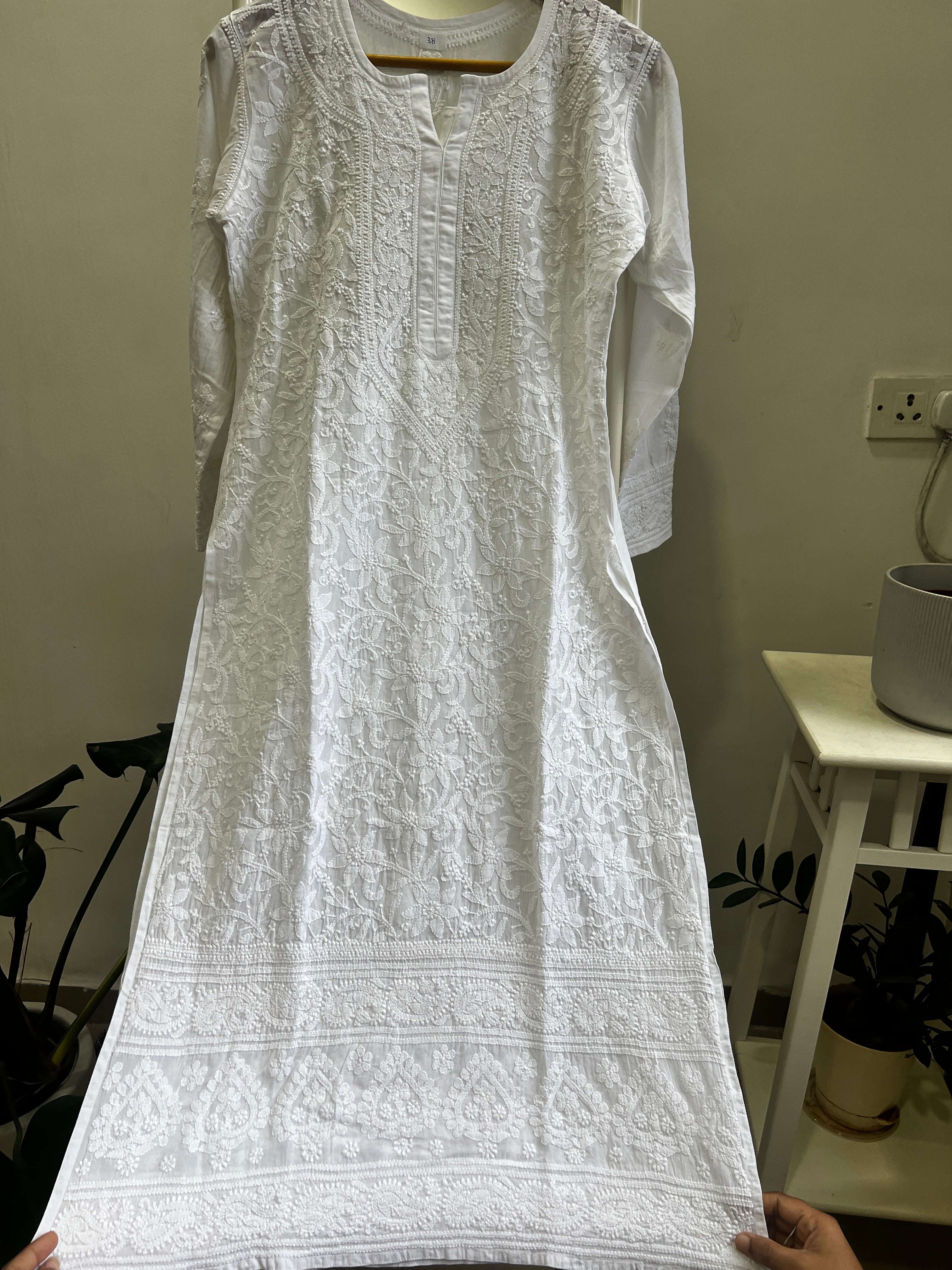Pure Cotton Chikankari Full Jaal Kurti - White