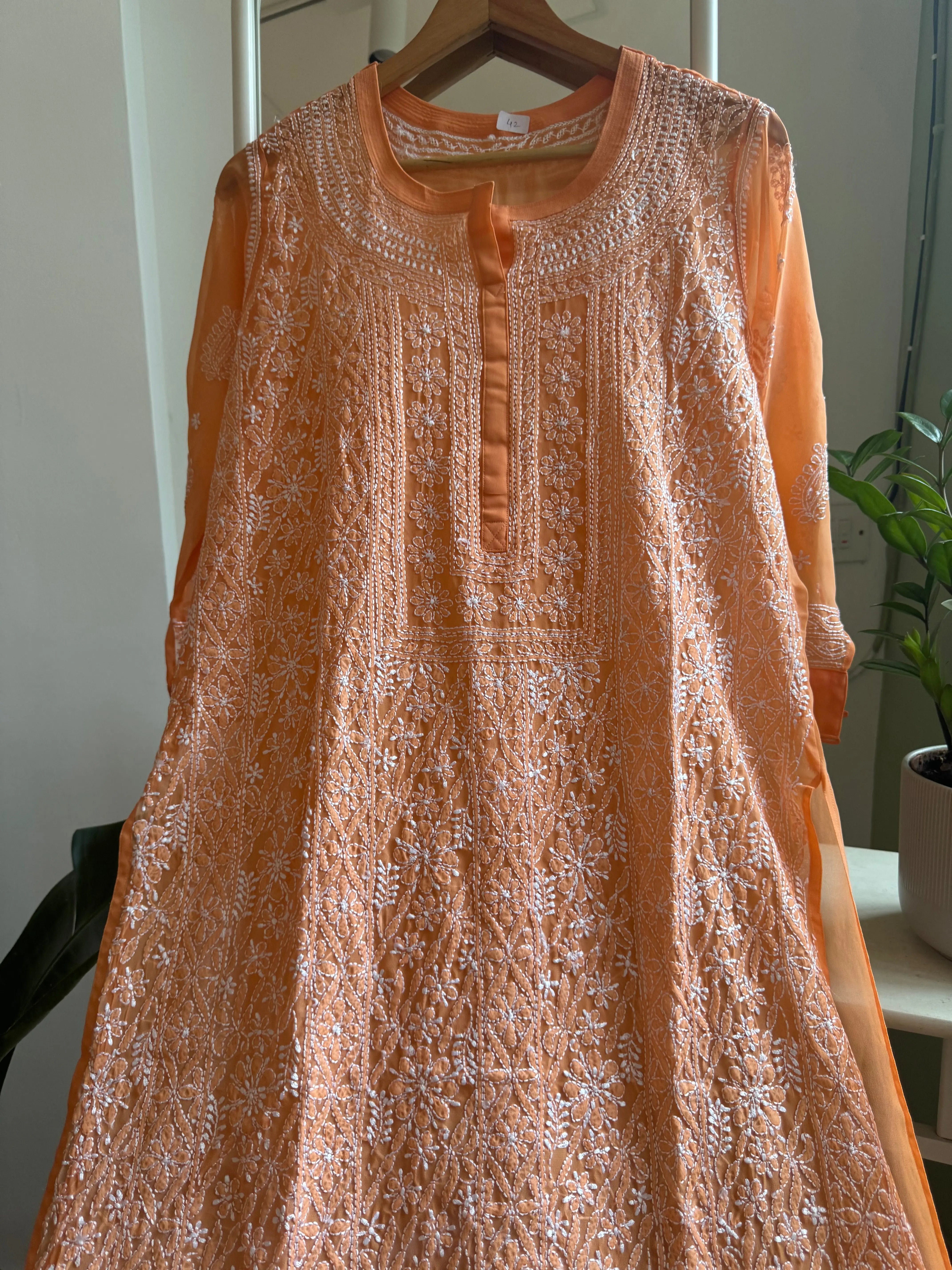 Chikankari Resham Jaal Kurti - Sunset Orange ARIAA CHIKANKARI 