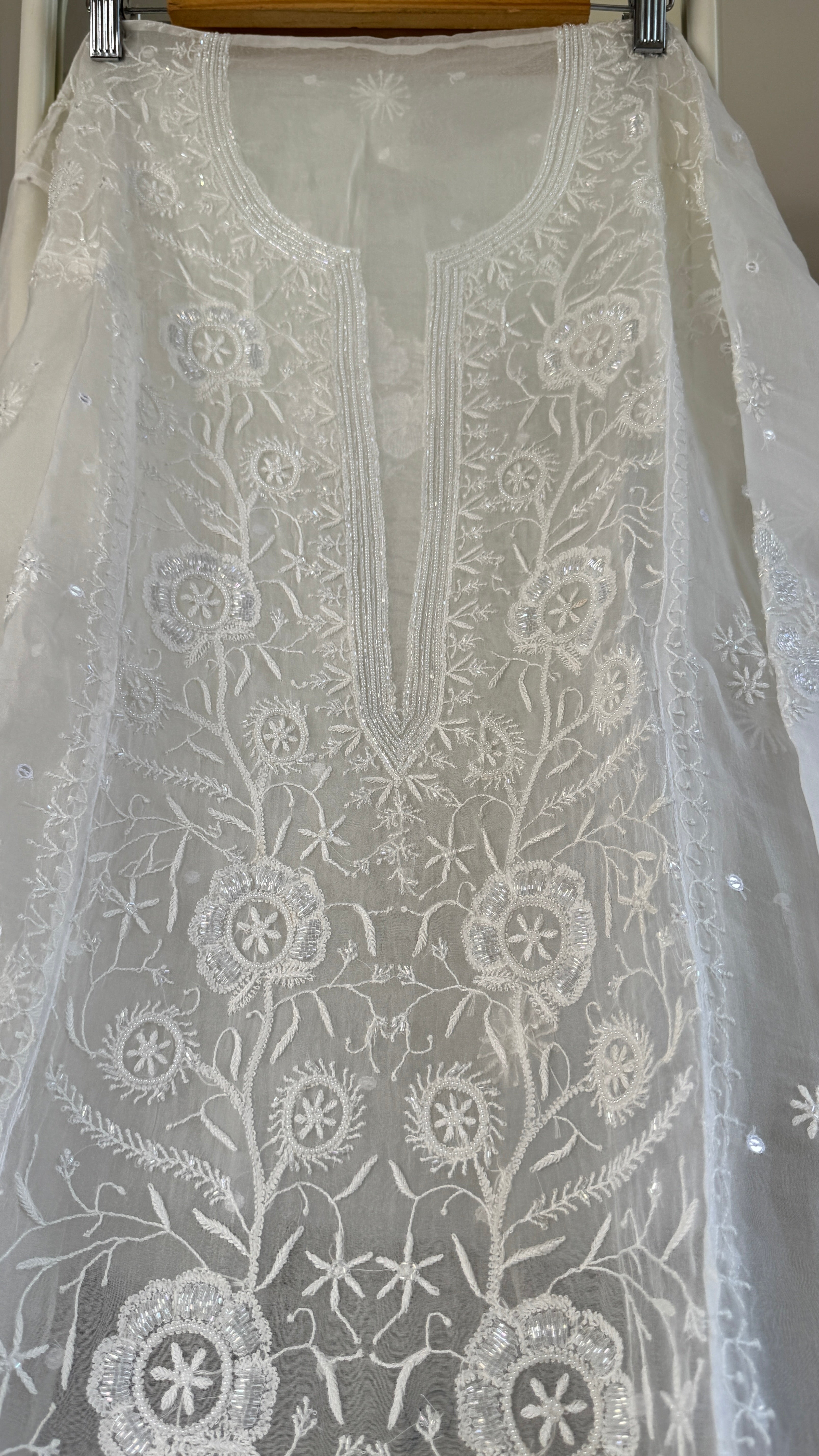 Organza Chikankari Length with Dupatta (Pearl Work) - White