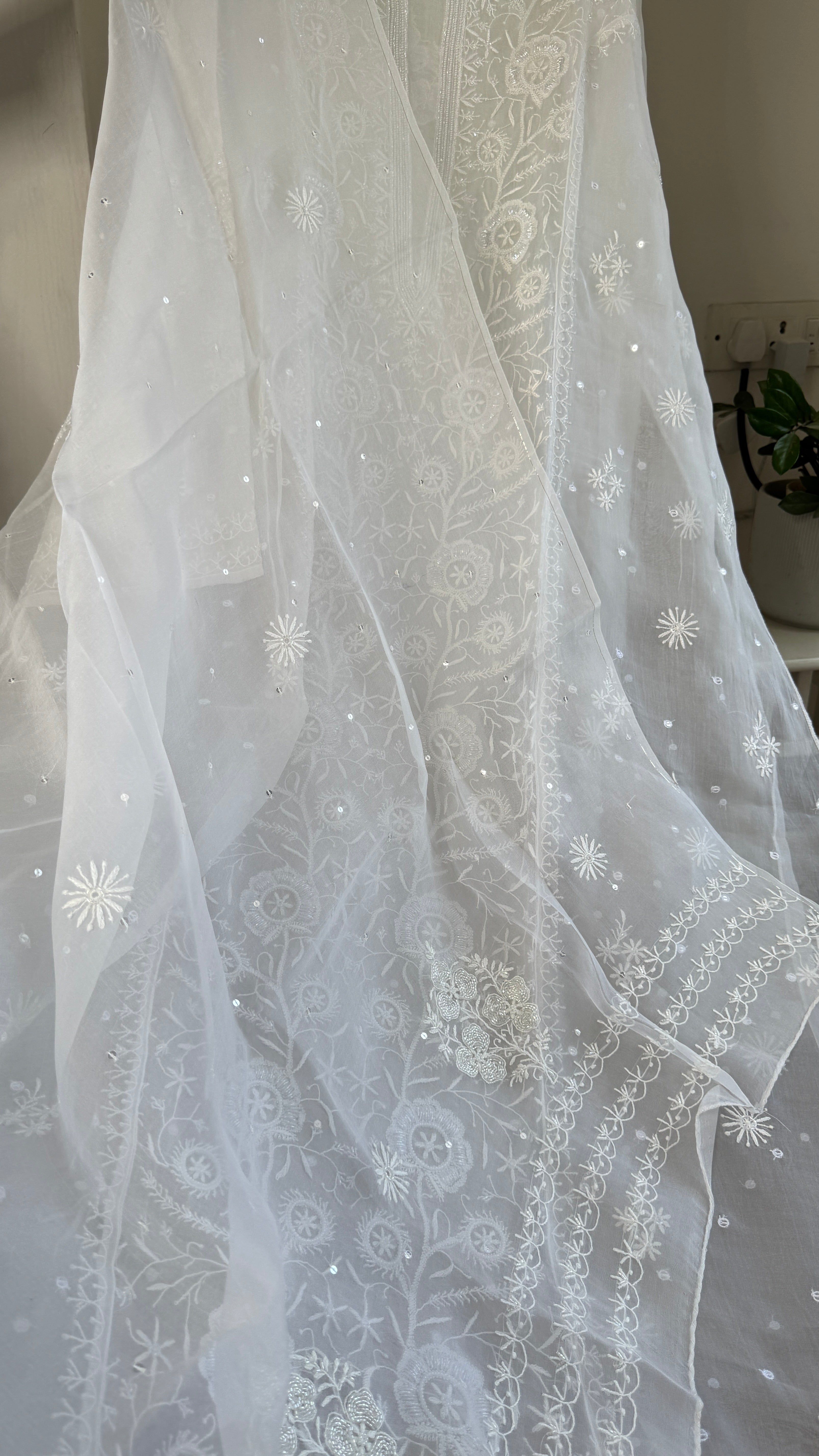 Organza Chikankari Length with Dupatta (Pearl Work) - White