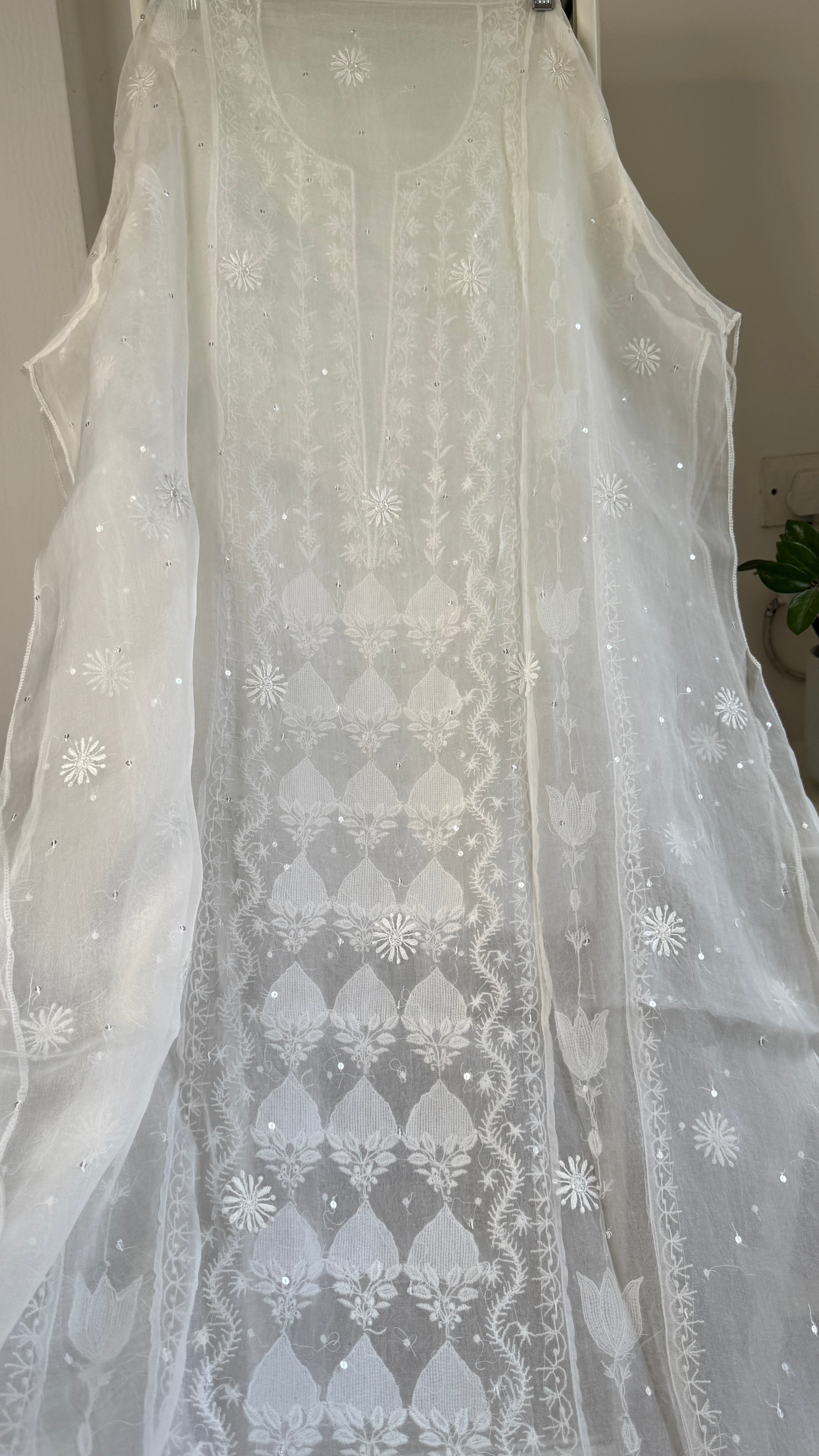 Organza Chikankari Length with Dupatta (Pearl Work) - White