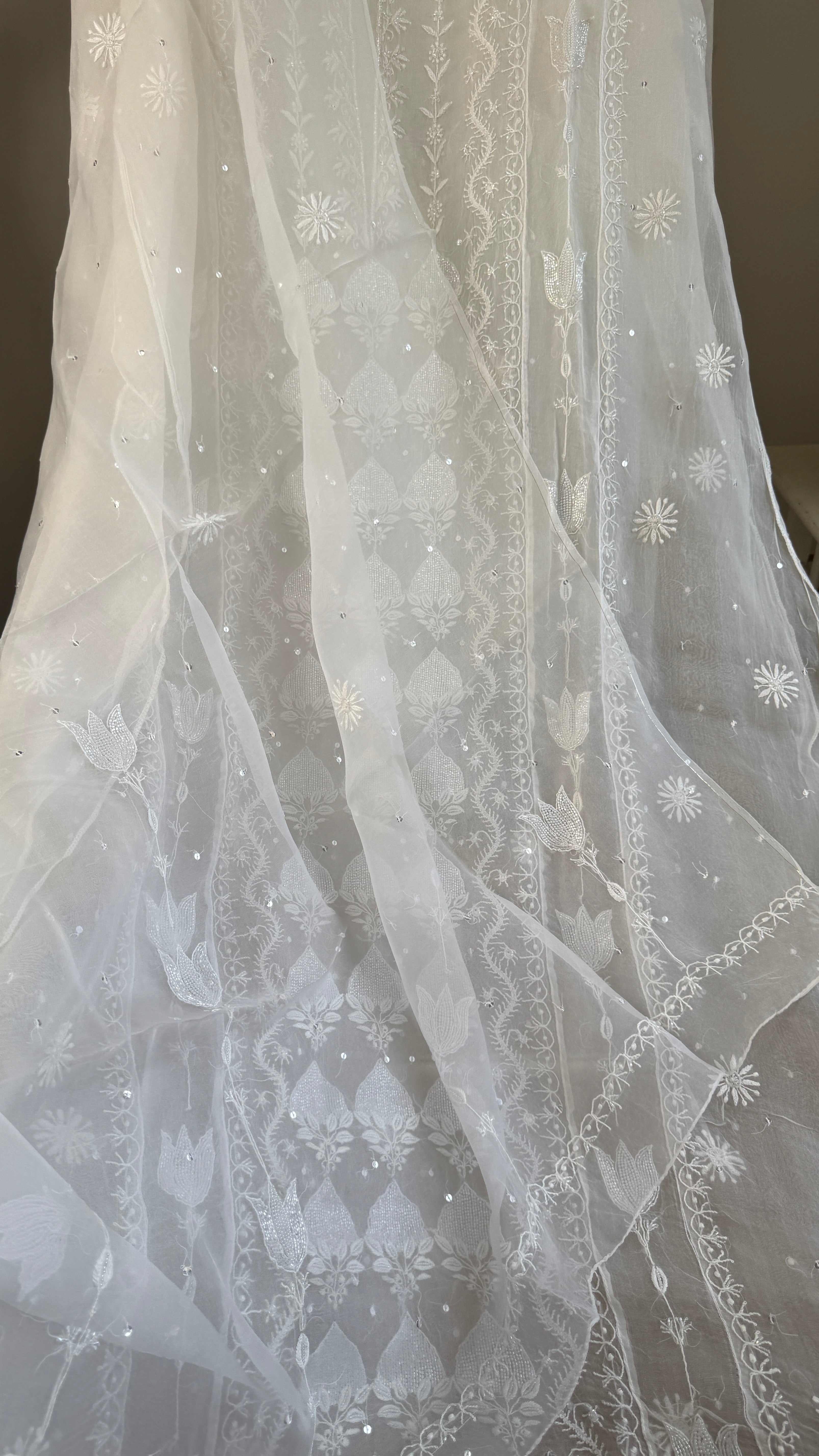 Organza Chikankari Length with Dupatta (Pearl Work) - White