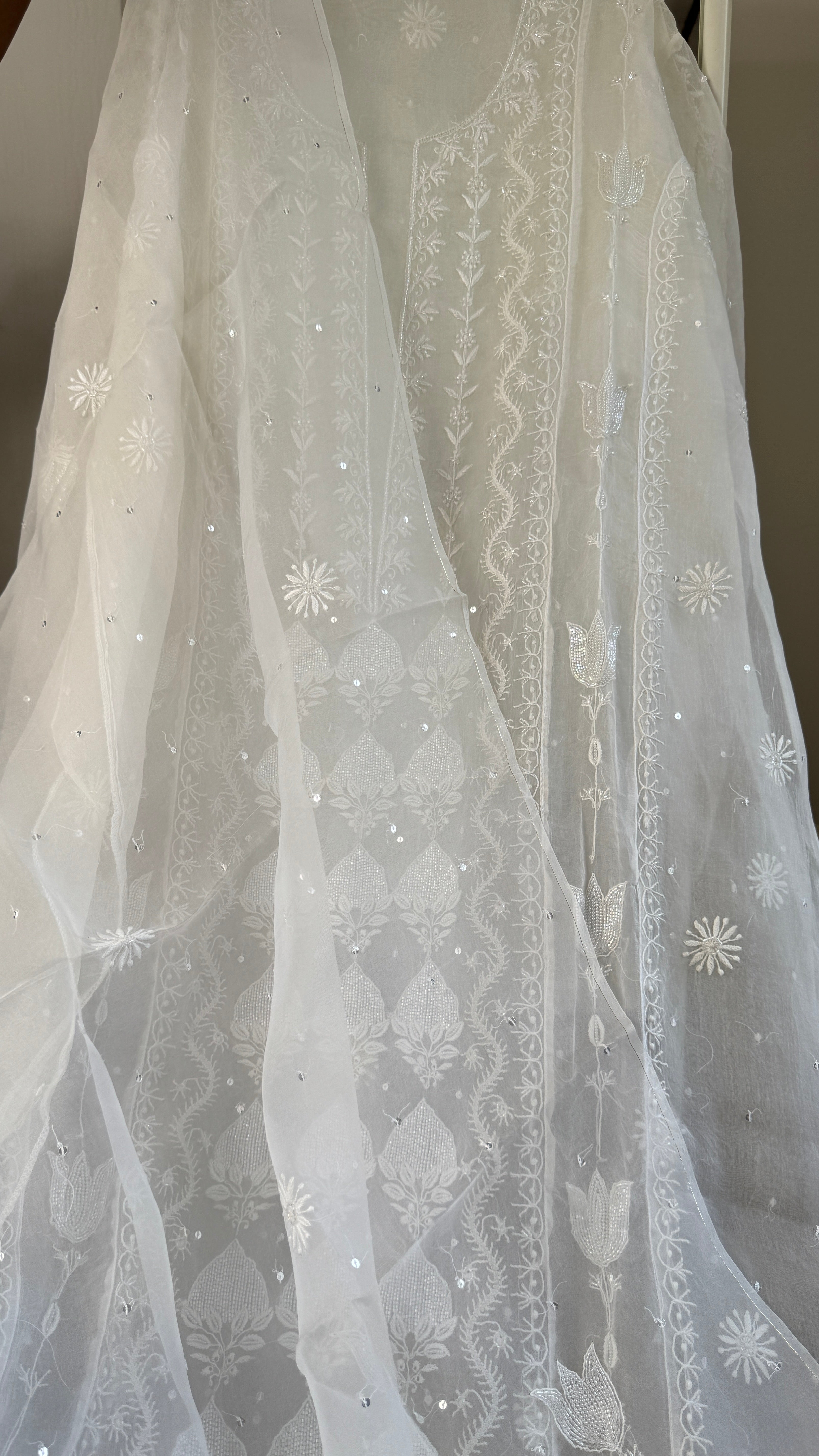 Organza Chikankari Length with Dupatta (Pearl Work) - White