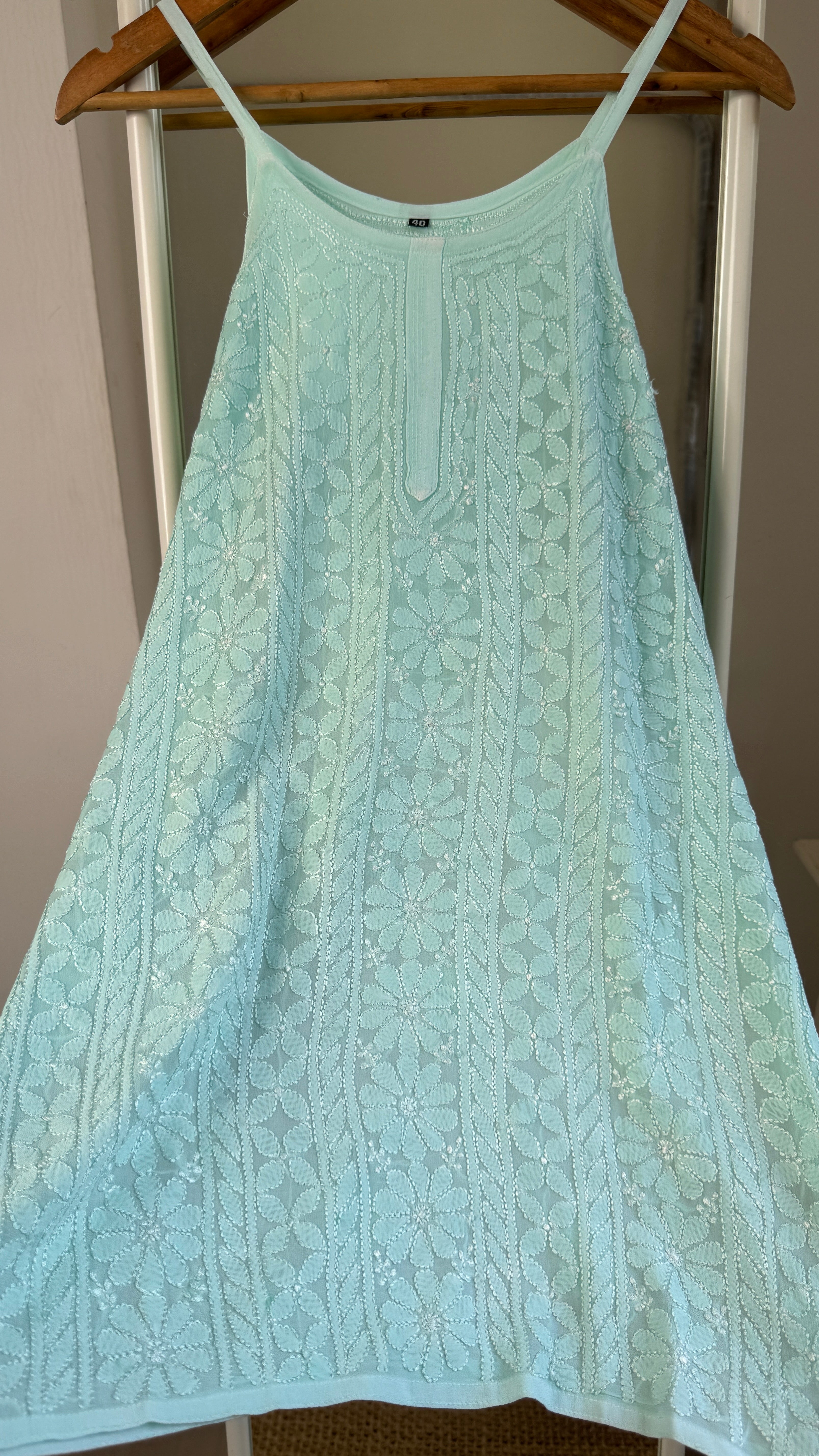 Chikankari Noodle Strap Top in Sea Green