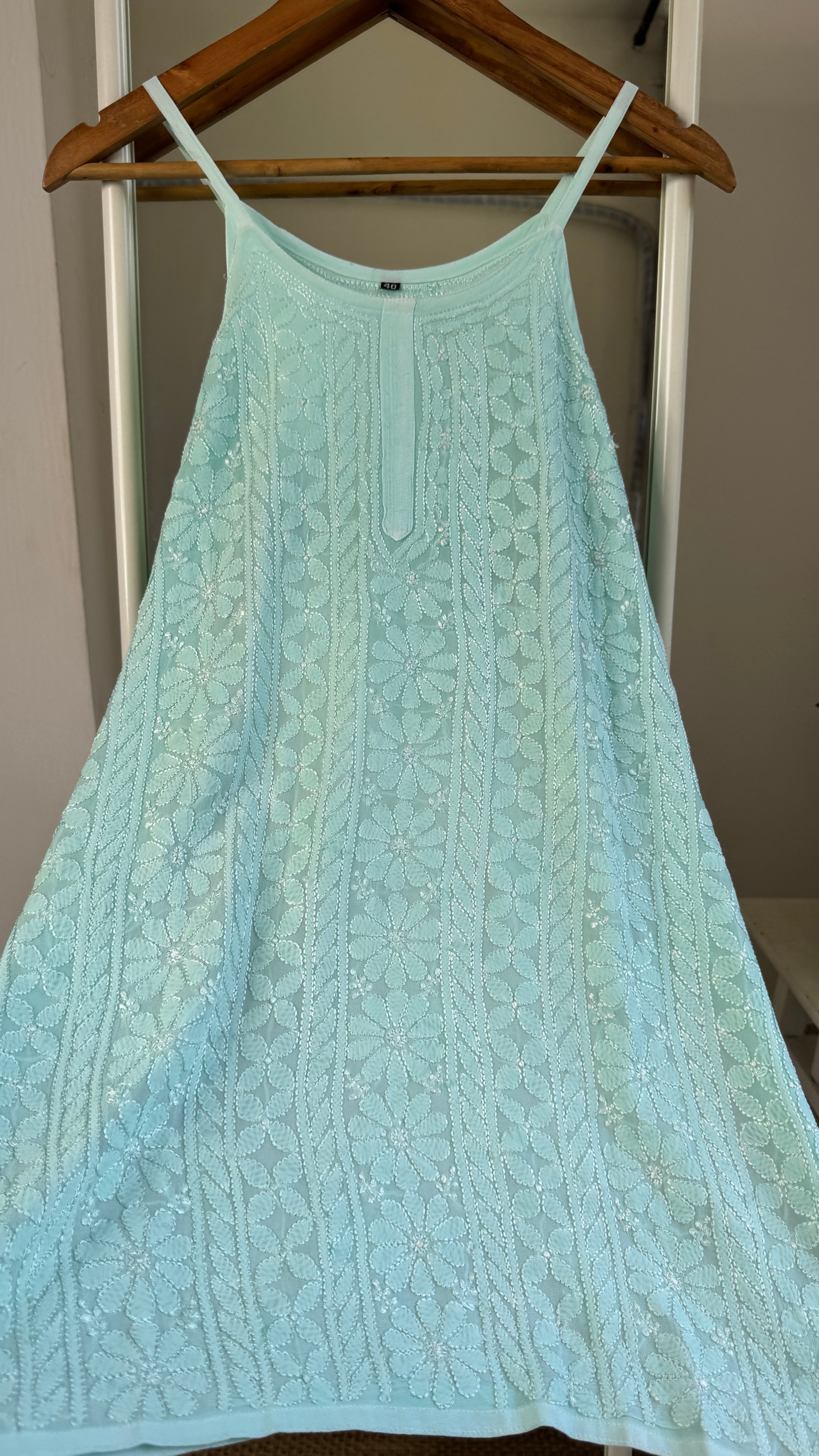 Chikankari Noodle Strap Top in Sea Green