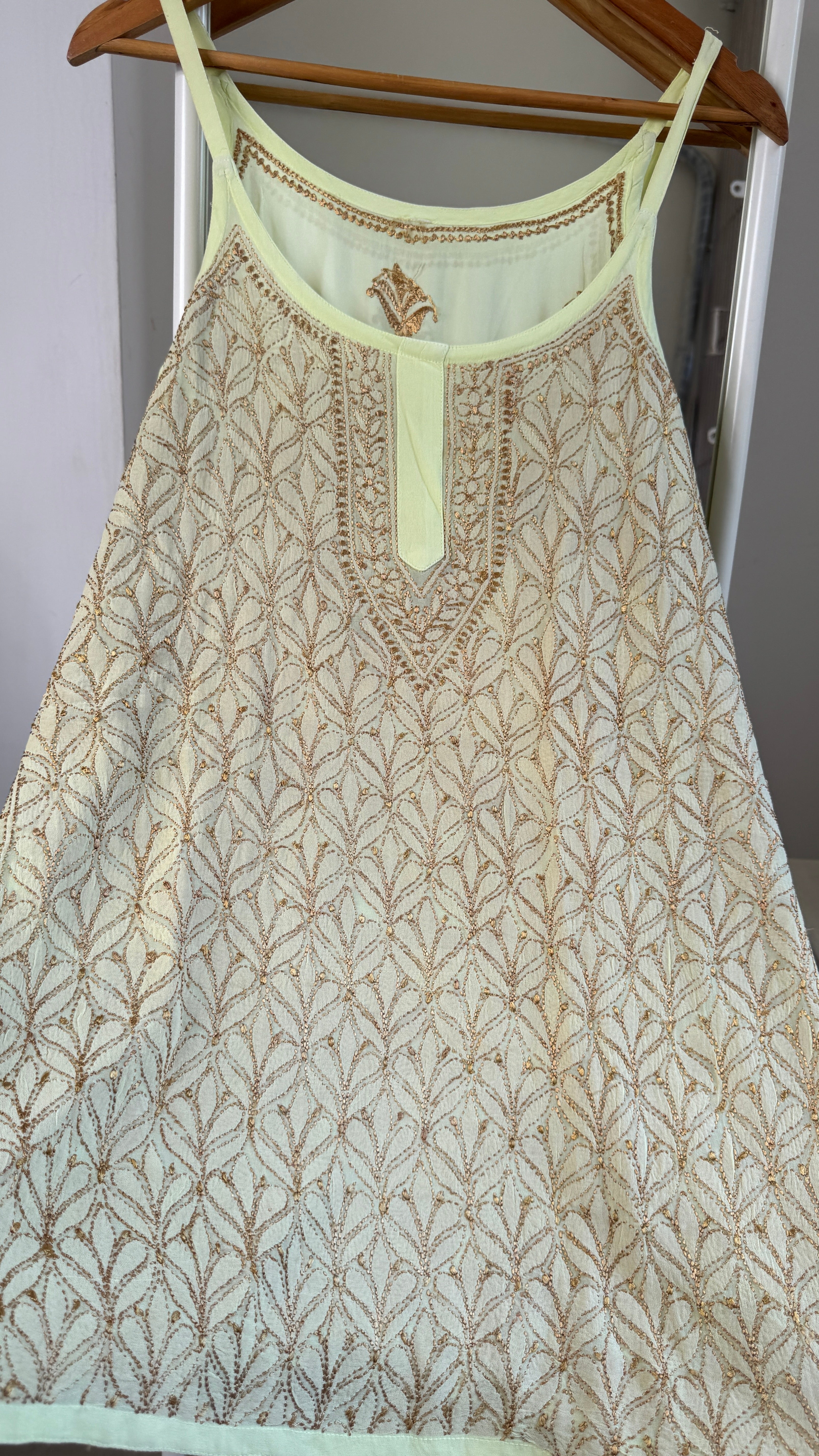 Chikankari Noodle Strap short Top in Green - Multi Colour thread