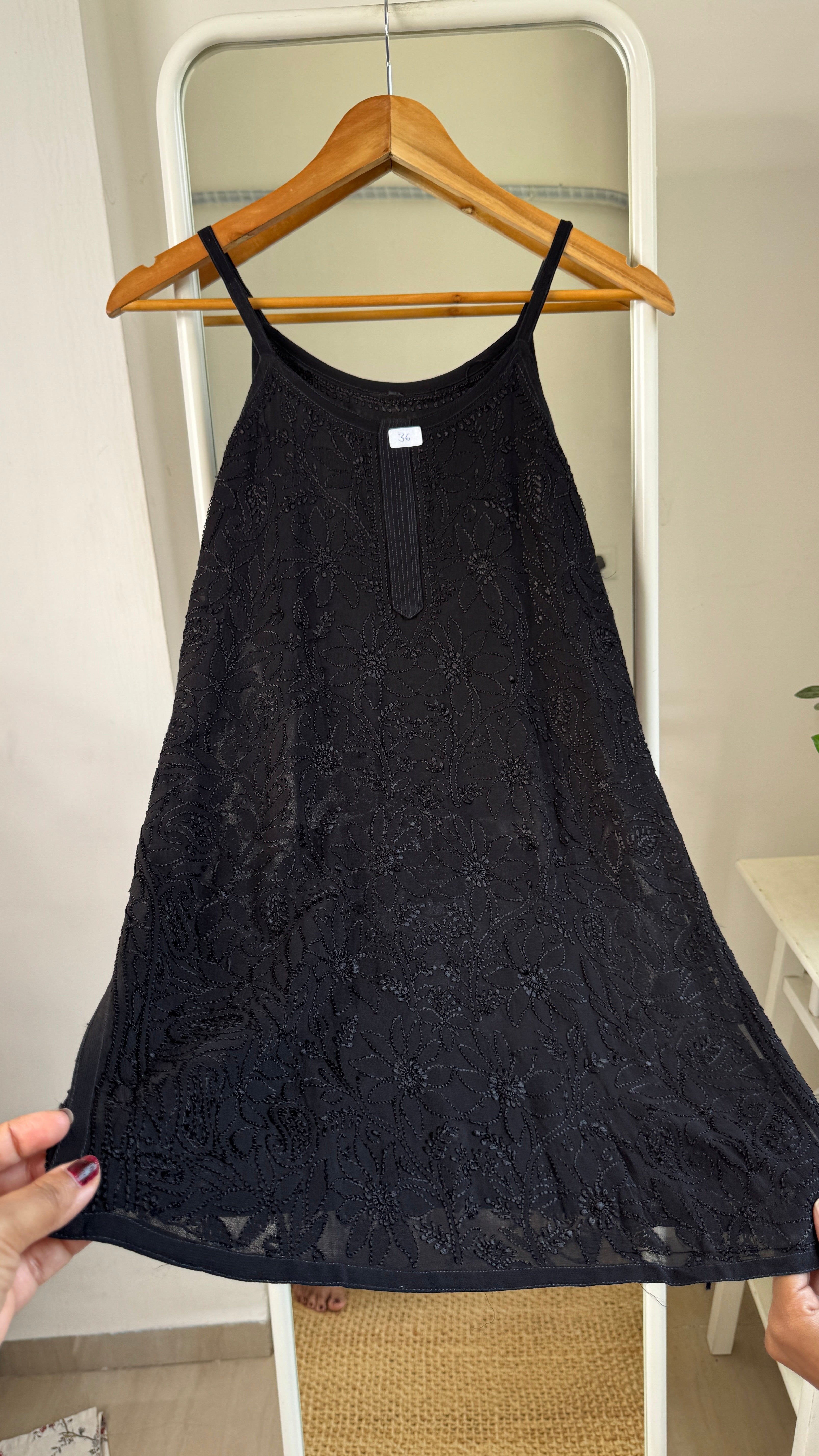 Chikankari Noodle Strap Top in Black