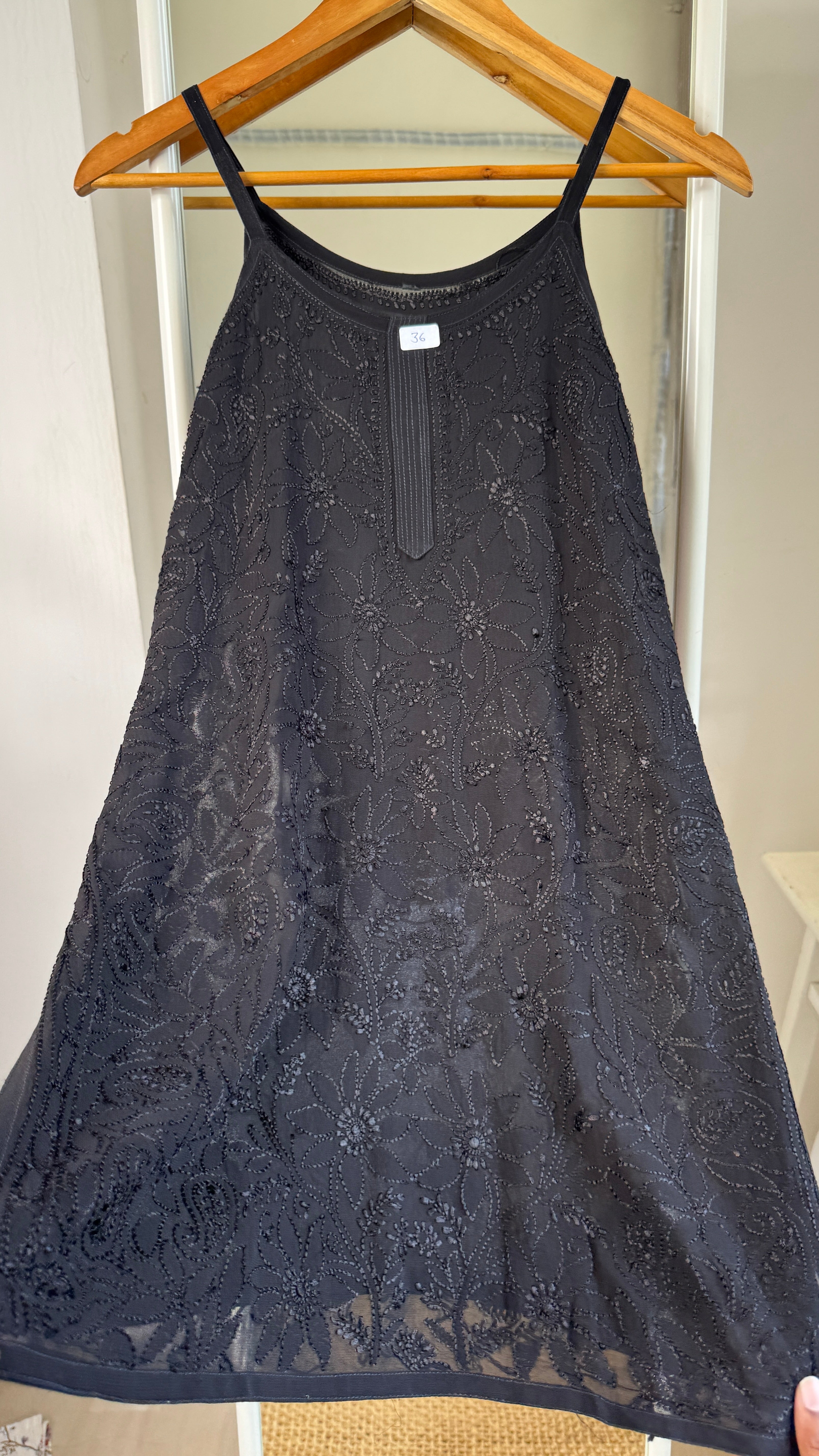 Chikankari Noodle Strap Top in Black