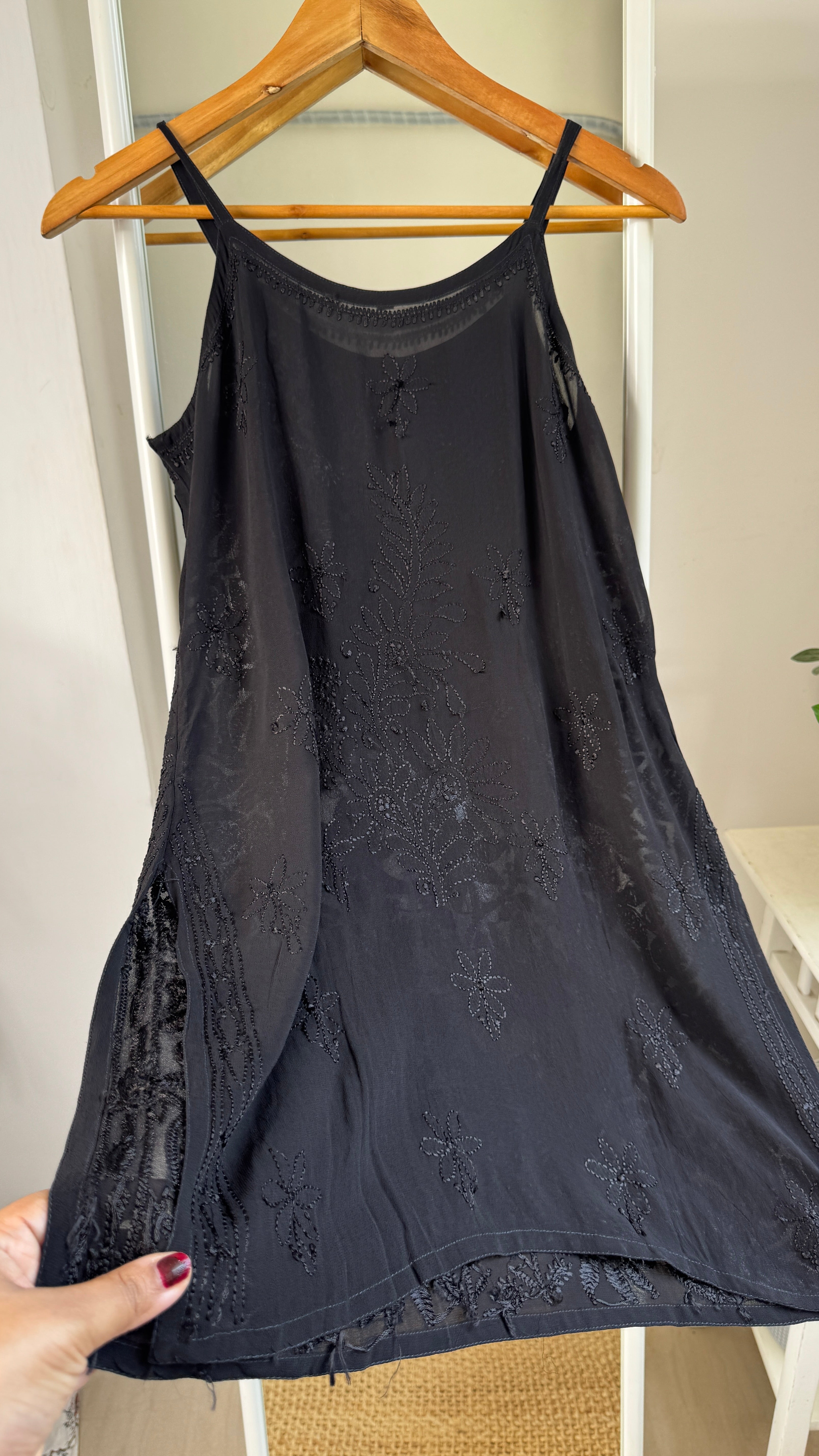 Chikankari Noodle Strap Top in Black