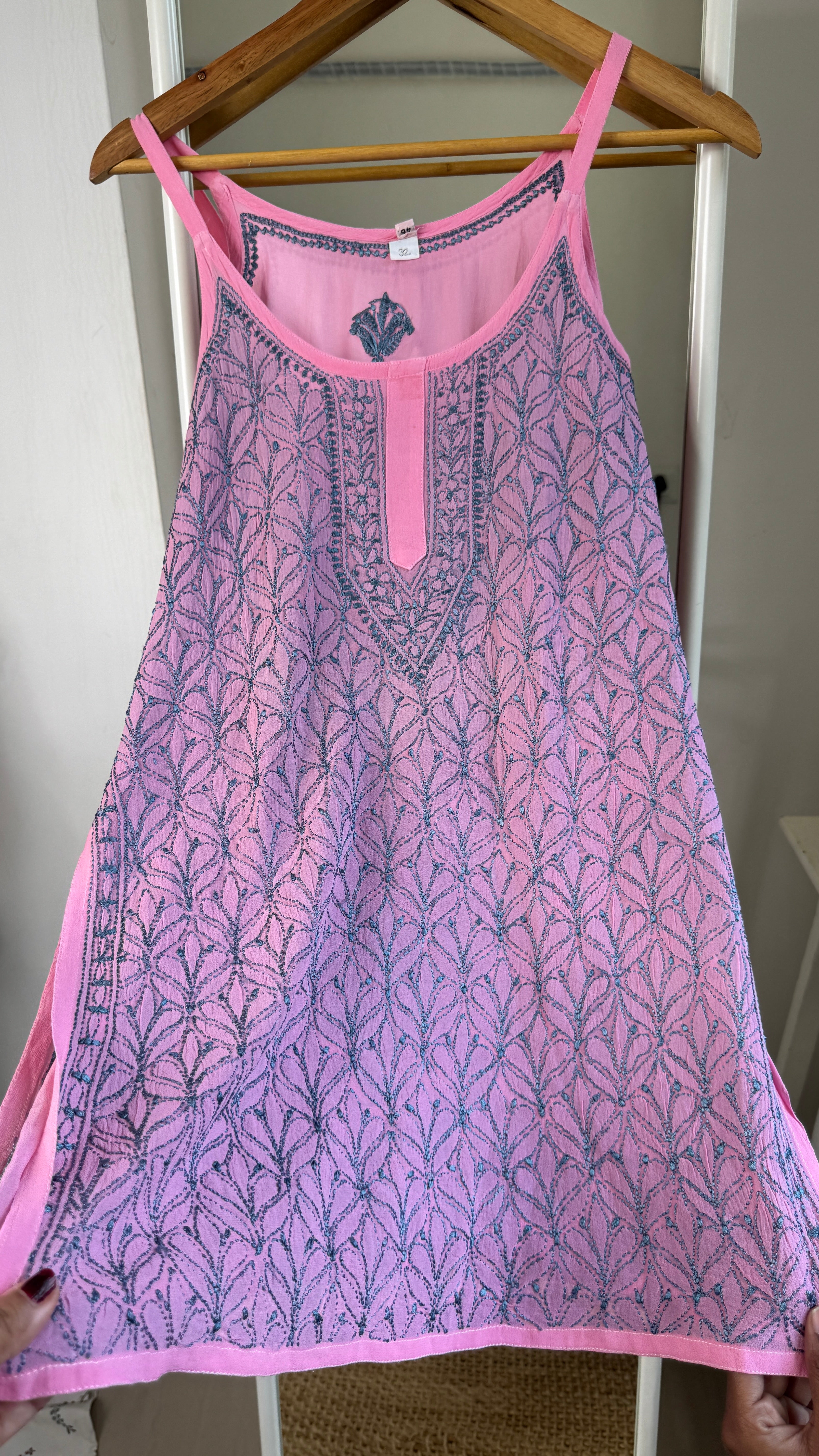 Chikankari Noodle Strap short Top in Pink - Multi Colour thread