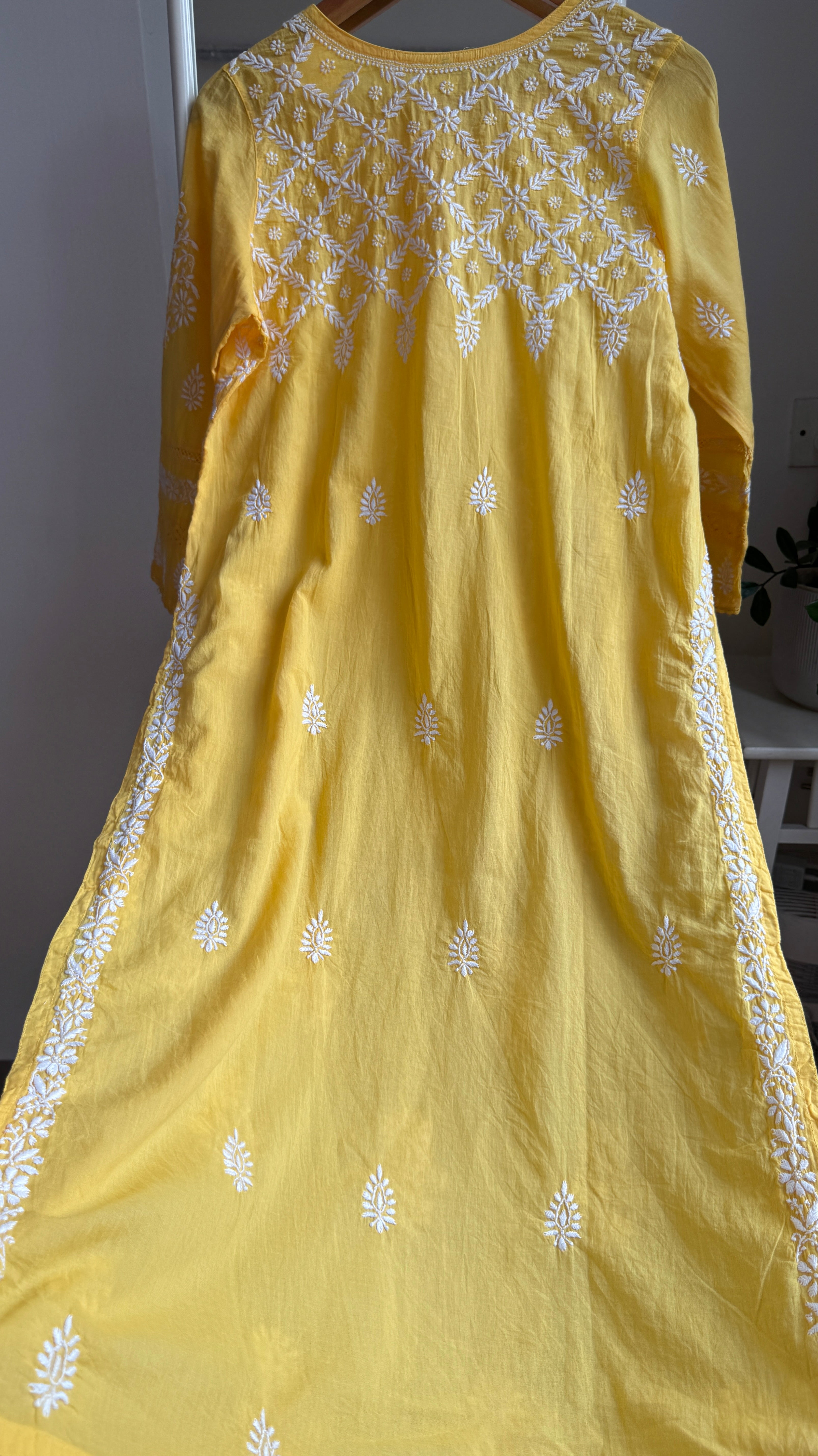Mul Cotton Yellow Chikankari Kurti - Bela Collection