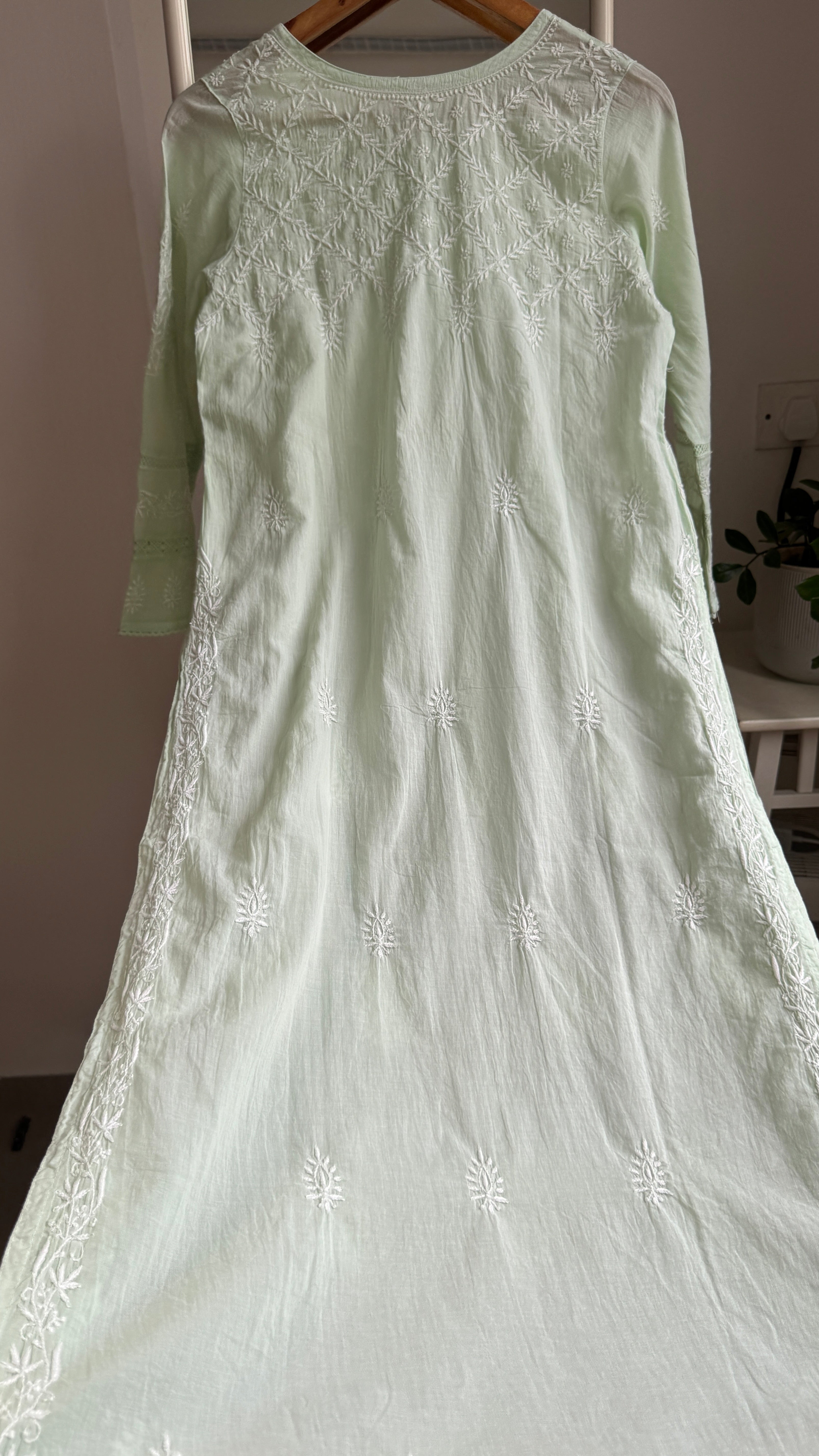 Mul Cotton Green Chikankari Kurti - Bela Collection