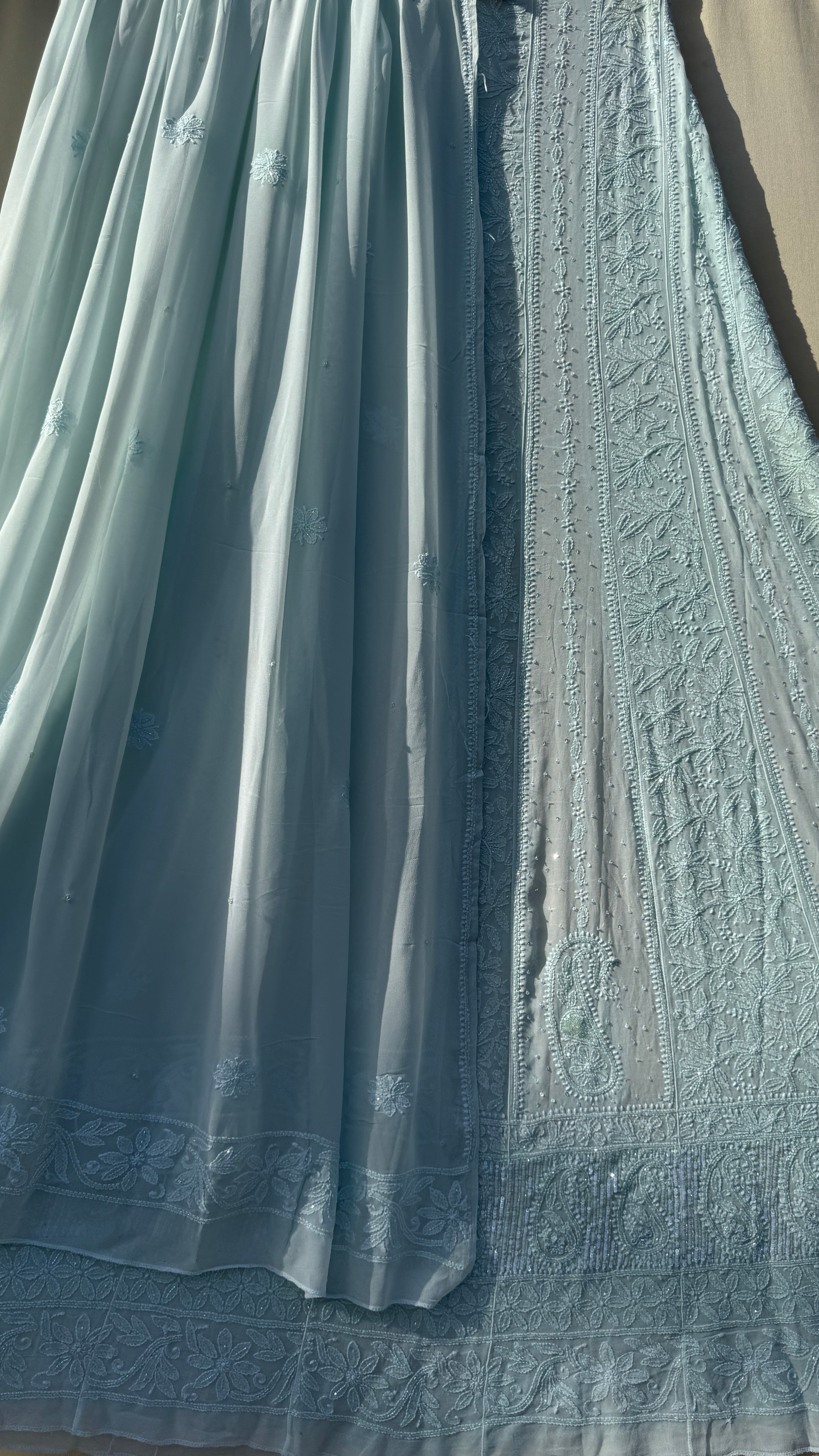 Viscose Anarkali - Semi Stitched - Pearl Work - Sea Green