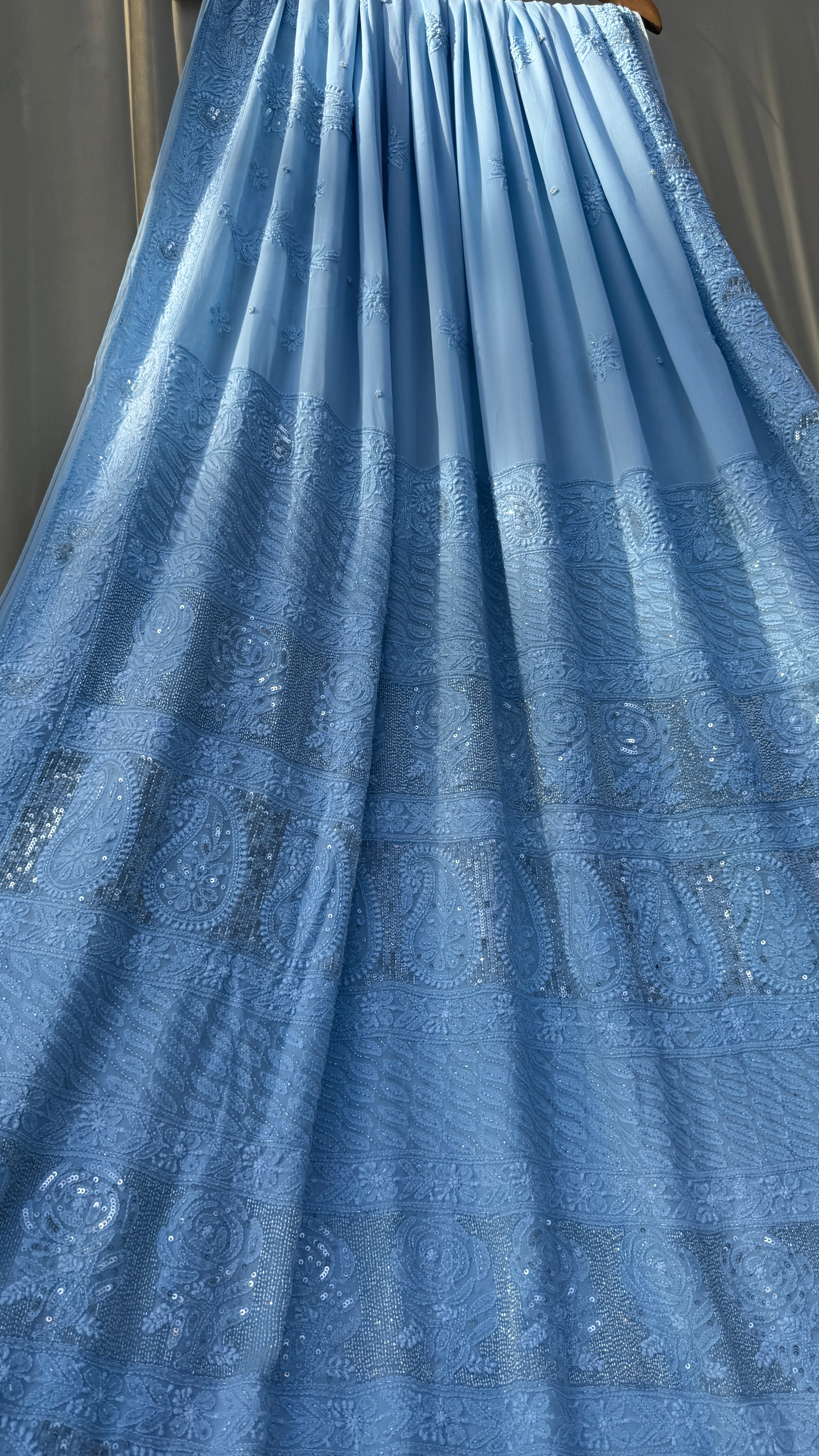 Viscose Blue Chikankari saree with Pearl embellishments