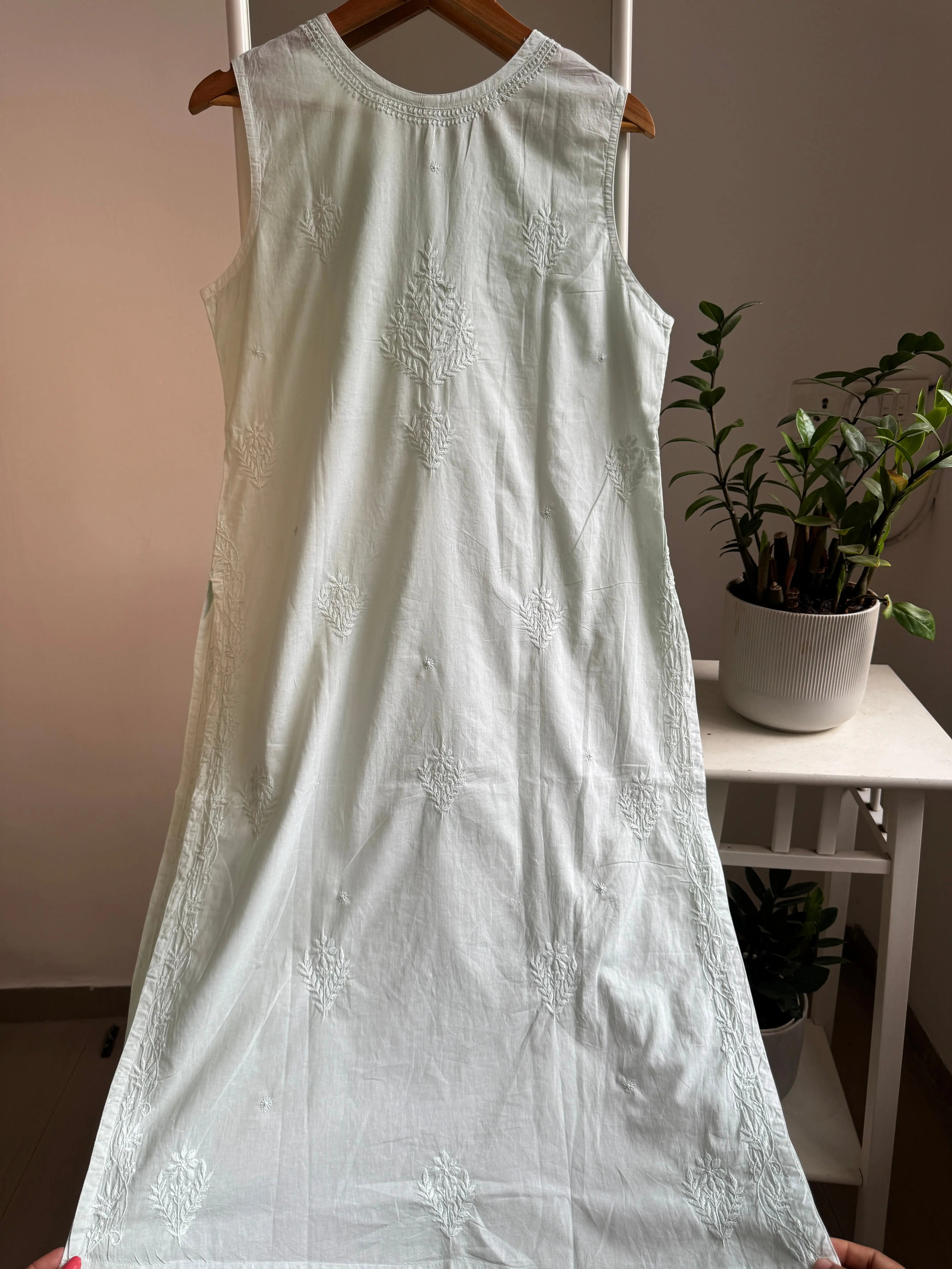 Mul Cotton Sleevless Chikankari Kurti - Cyan Green ARIAA CHIKANKARI 