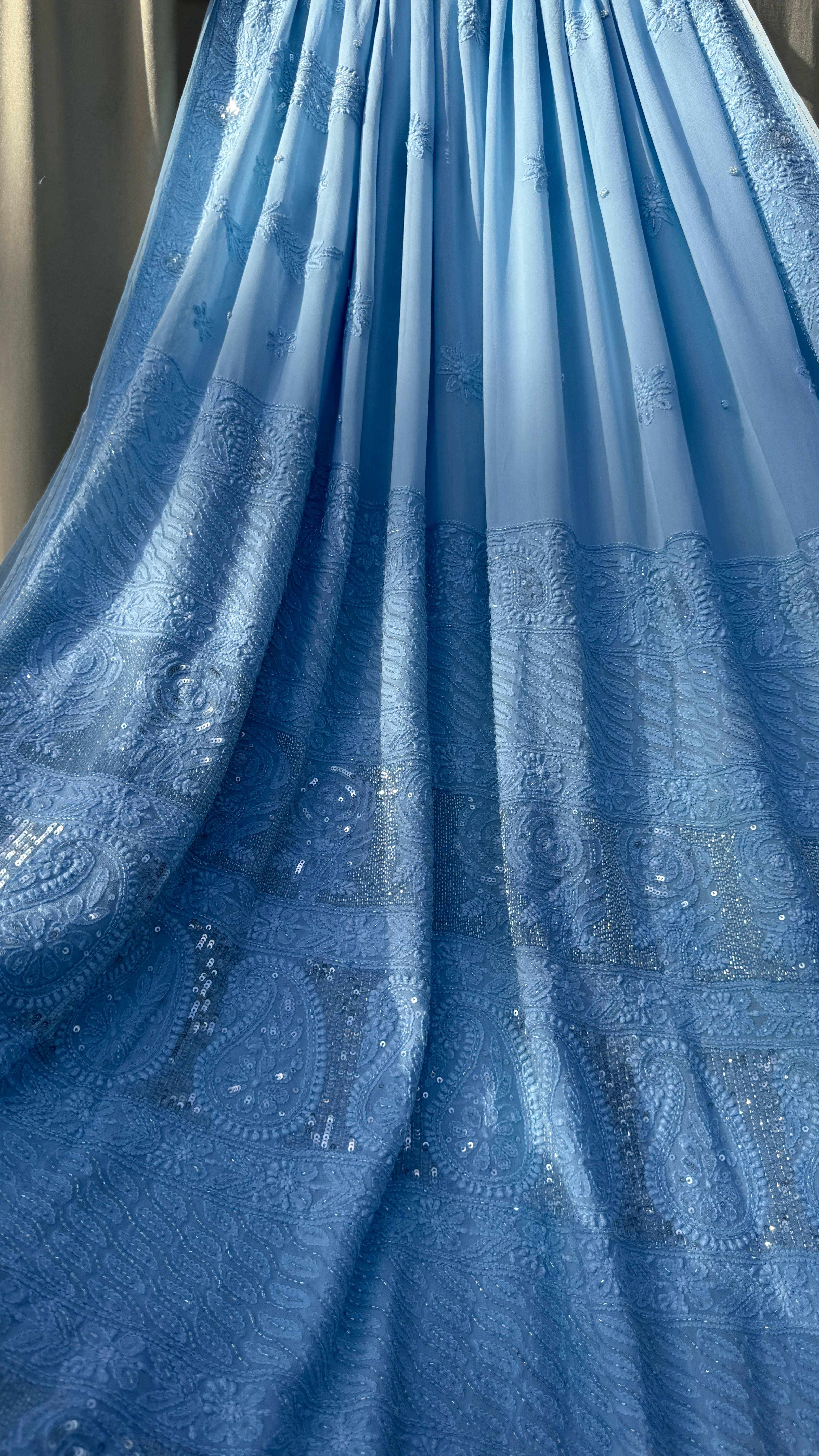 Viscose Blue Chikankari saree with Pearl embellishments